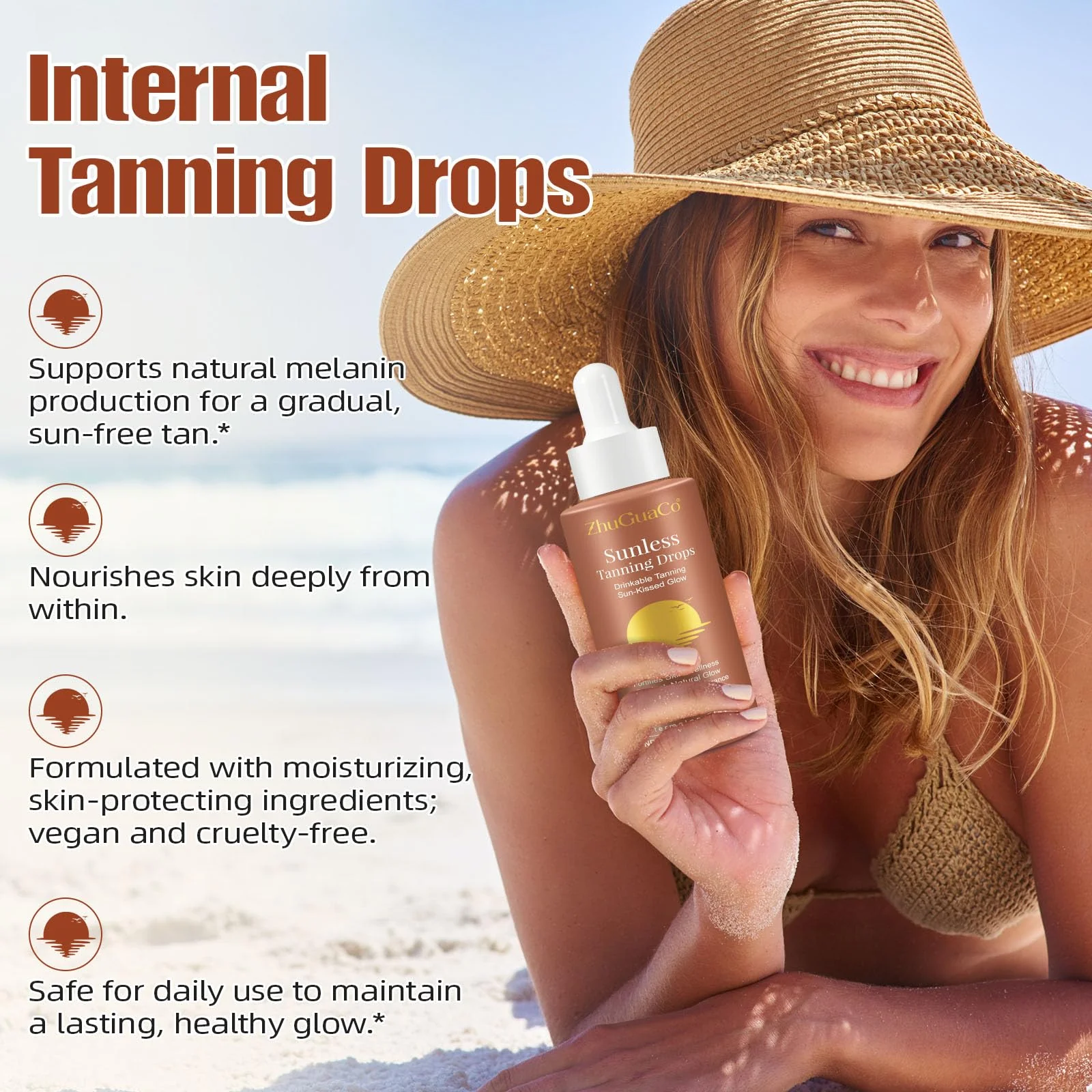 Sunless Tanning Drops To Drink,Drinkable Sunless Tanning Drops,Oral Drink Moisturizing Bronzing Tanner for Face & Body,Sun-Kissed Glow for All Skin - Image 5