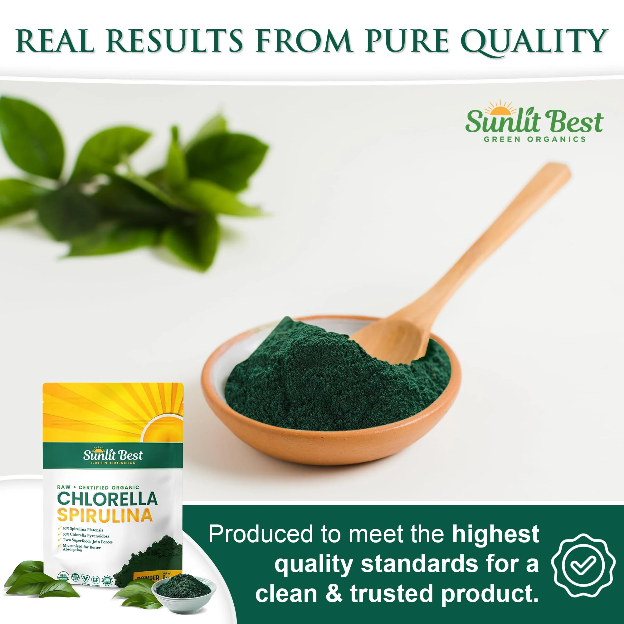 Sunlit Best USDA Organic Chlorella Spirulina Powder - 100% Raw & Vegan Source of Protein & Chlorophyll | Non GMO & Gluten Free Superfood Energy Drink | Gut Health & Immune Support Supplement, 8 oz - Image 2