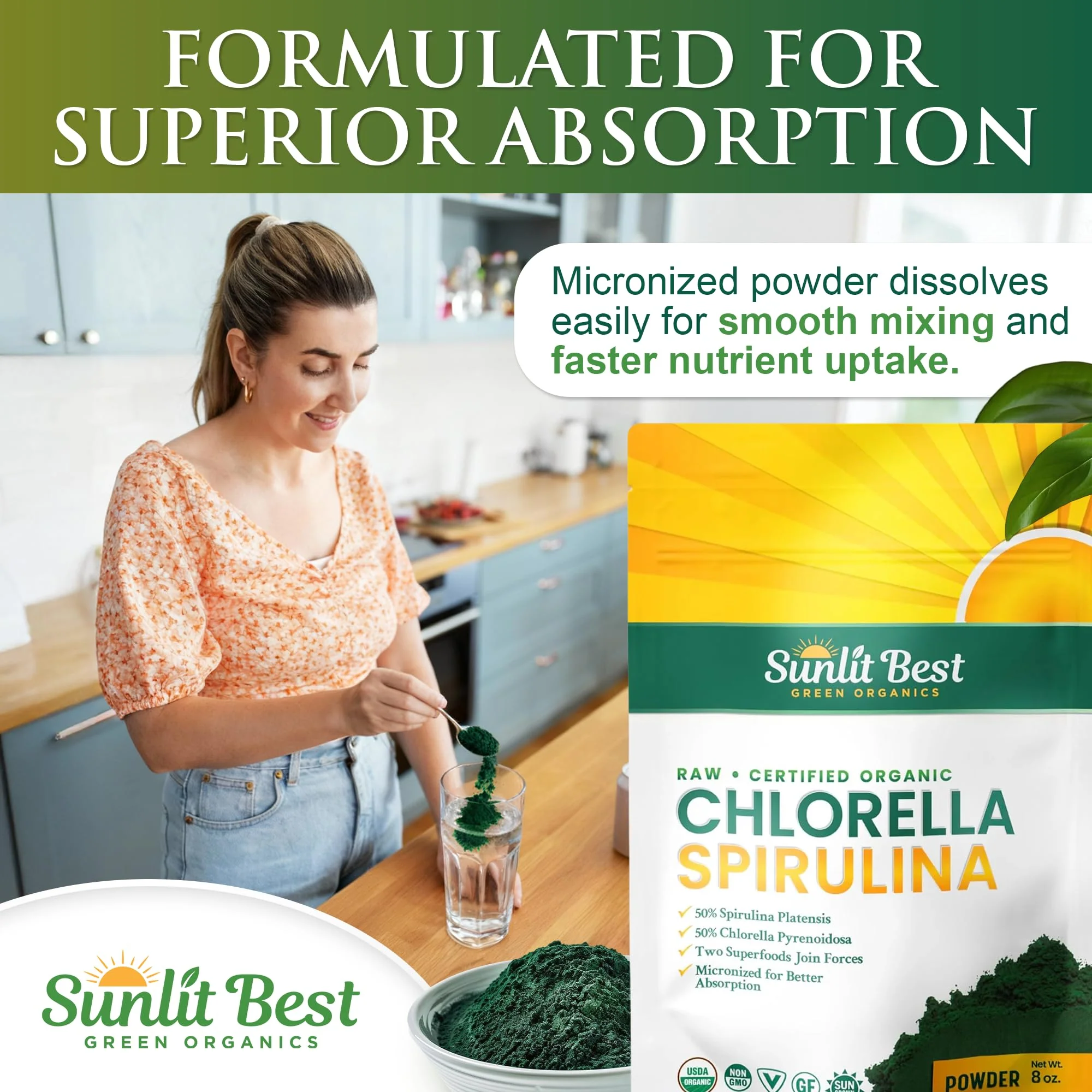 Sunlit Best USDA Organic Chlorella Spirulina Powder - 100% Raw & Vegan Source of Protein & Chlorophyll | Non GMO & Gluten Free Superfood Energy Drink | Gut Health & Immune Support Supplement, 8 oz - Image 4