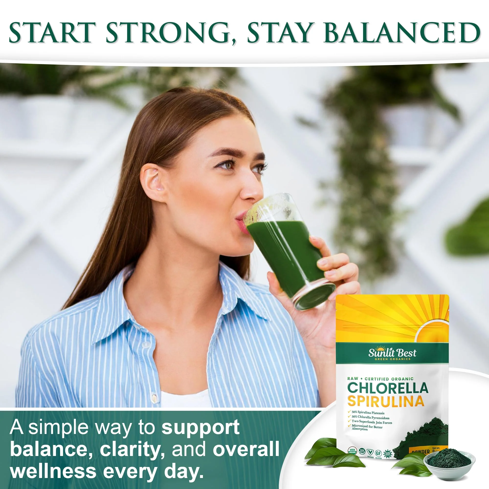 Sunlit Best USDA Organic Chlorella Spirulina Powder - 100% Raw & Vegan Source of Protein & Chlorophyll | Non GMO & Gluten Free Superfood Energy Drink | Gut Health & Immune Support Supplement, 8 oz - Image 5
