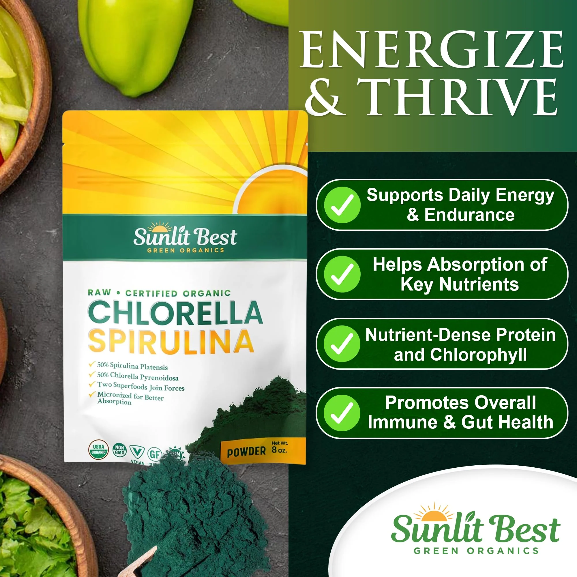Sunlit Best USDA Organic Chlorella Spirulina Powder - 100% Raw & Vegan Source of Protein & Chlorophyll | Non GMO & Gluten Free Superfood Energy Drink | Gut Health & Immune Support Supplement, 8 oz - Image 6