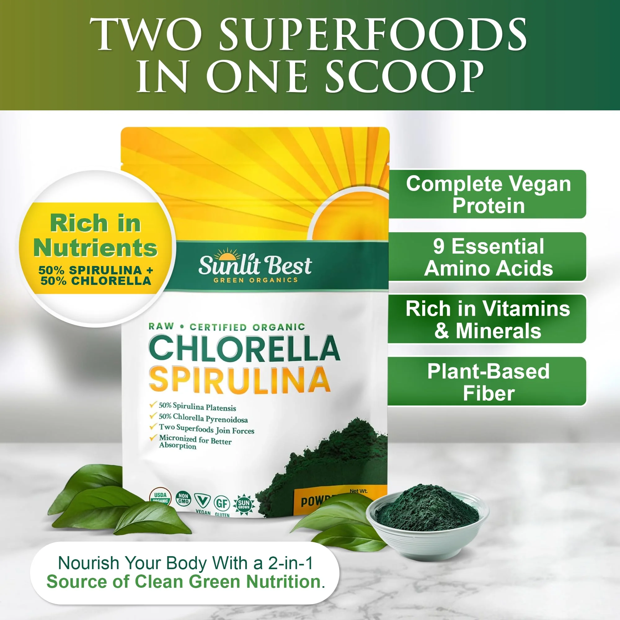 Sunlit Best USDA Organic Chlorella Spirulina Powder - 100% Raw & Vegan Source of Protein & Chlorophyll | Non GMO & Gluten Free Superfood Energy Drink | Gut Health & Immune Support Supplement, 8 oz - Image 8