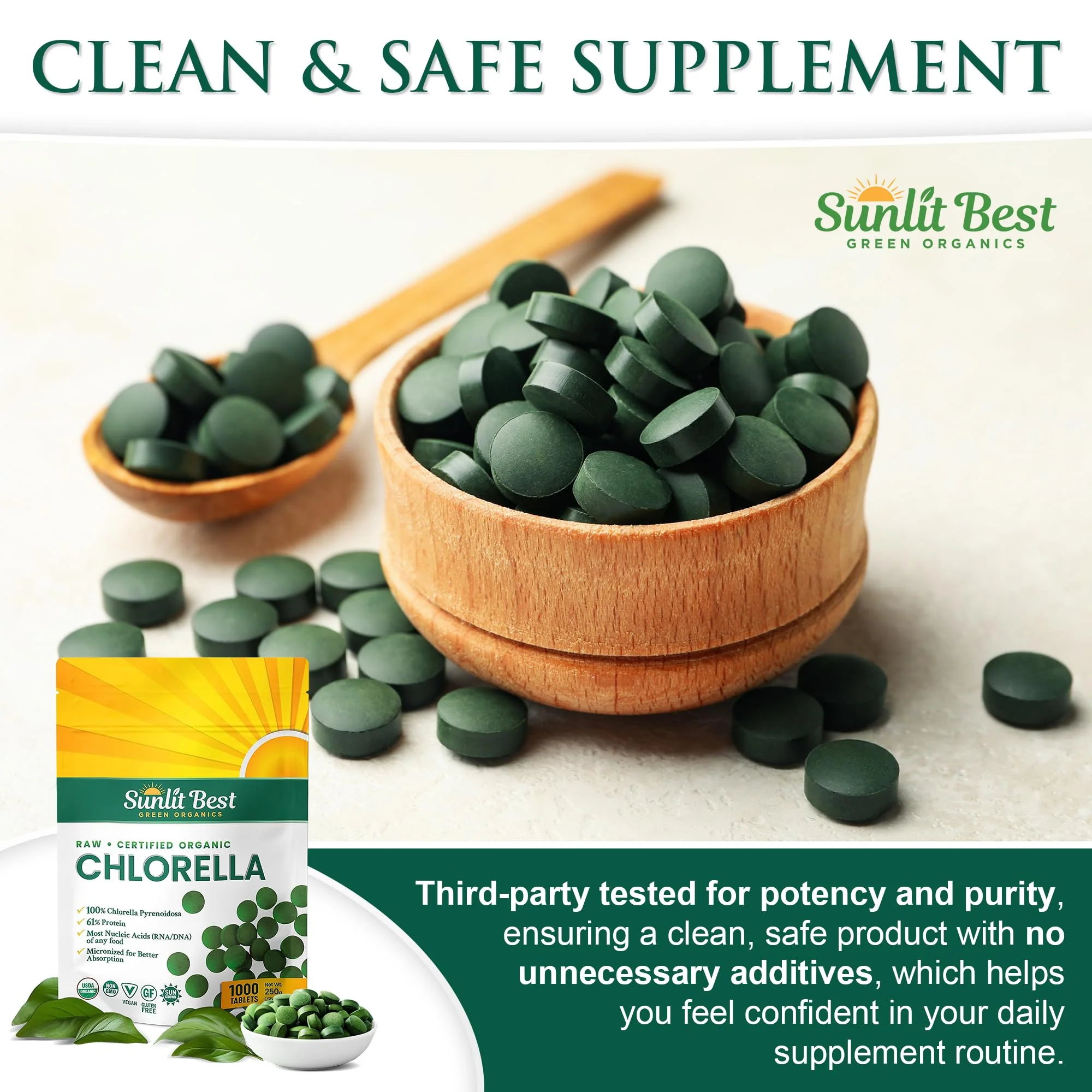 Sunlit Best USDA Organic Premium Chlorella Tablets 1000 Count | 100% Pure Chlorella Superfood Supplement High in Protein, Chlorophyll, Vitamins, & Minerals | Supports Good Health, Wellbeing - Image 5
