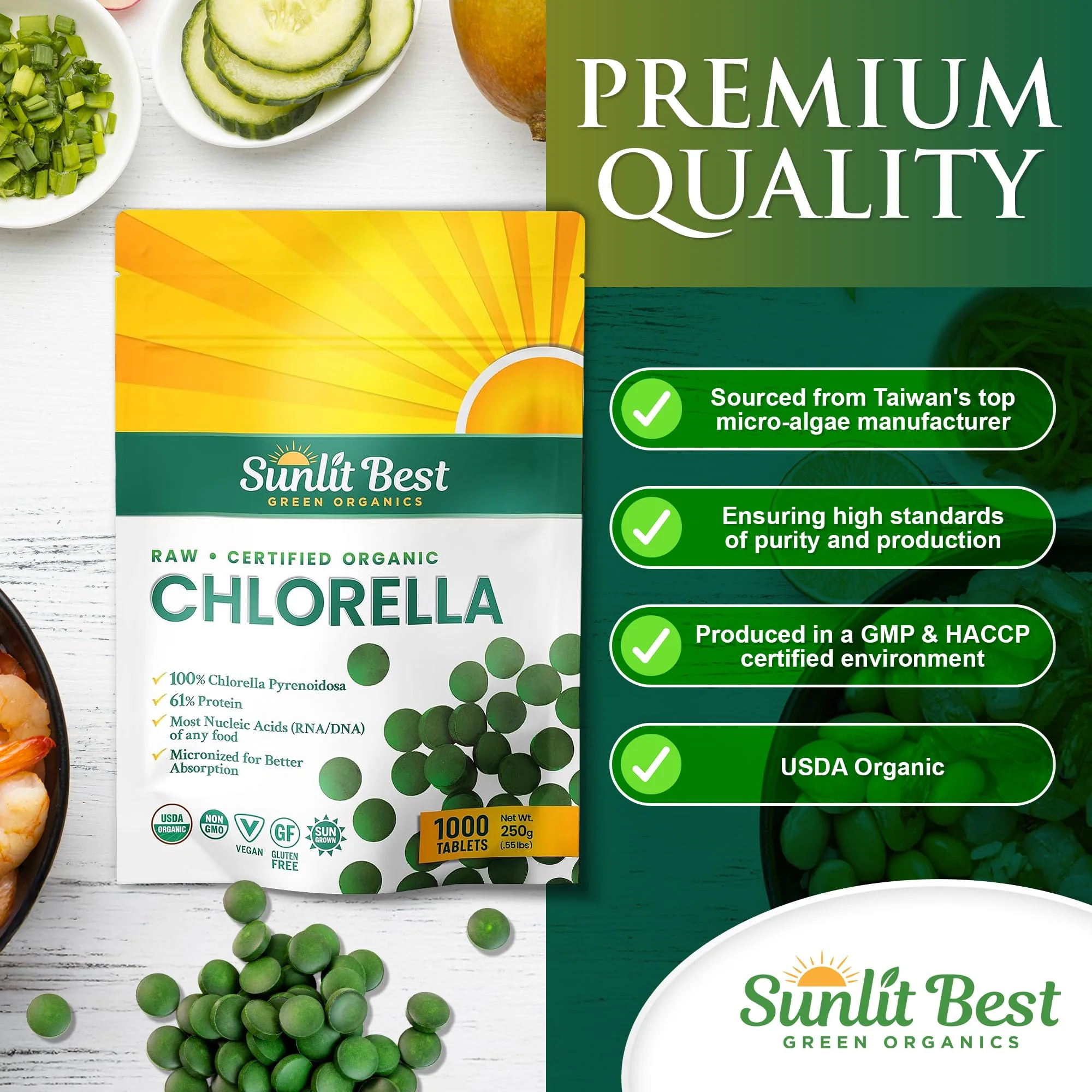 Sunlit Best USDA Organic Premium Chlorella Tablets 1000 Count | 100% Pure Chlorella Superfood Supplement High in Protein, Chlorophyll, Vitamins, & Minerals | Supports Good Health, Wellbeing - Image 8