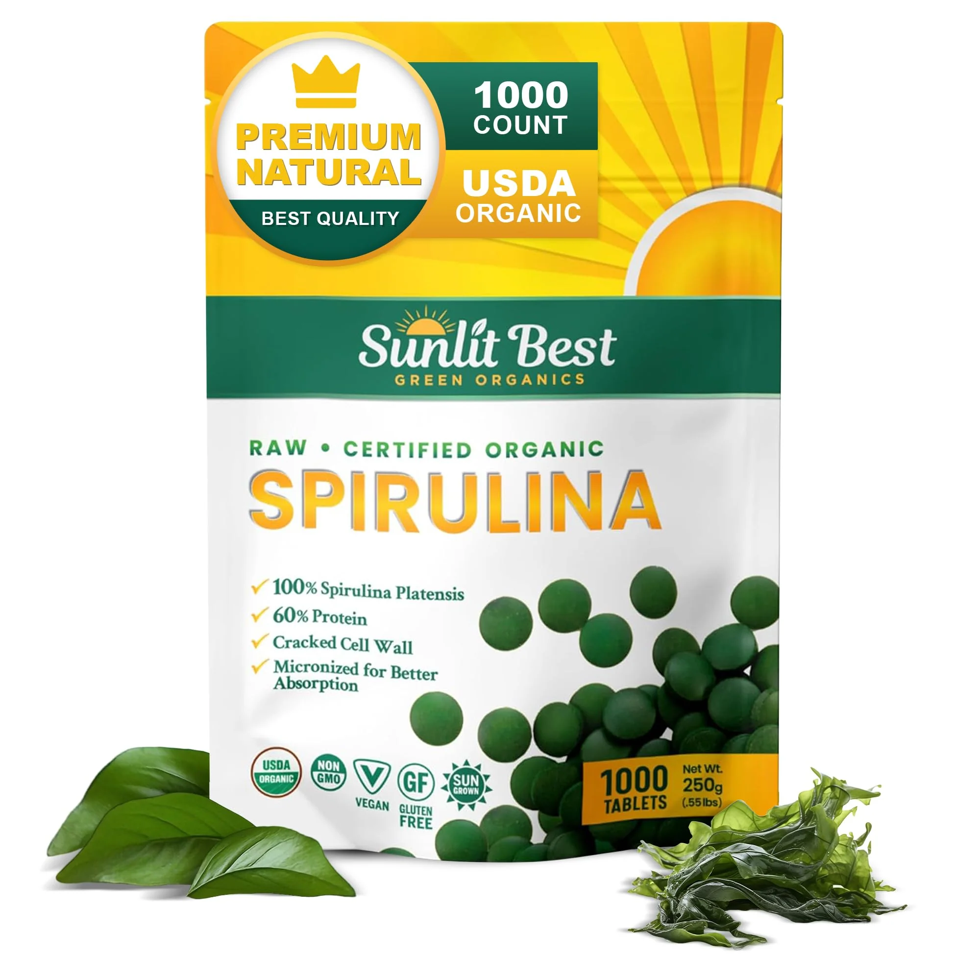 Sunlit Best - USDA Organic Spirulina Tablet - Natural Super Greens Supplements for Immune Support, Gut Health & Boost Energy Tablets with Chlorophyll, Vegan & High Protein Non GMO, 1000 Superfood Tabs