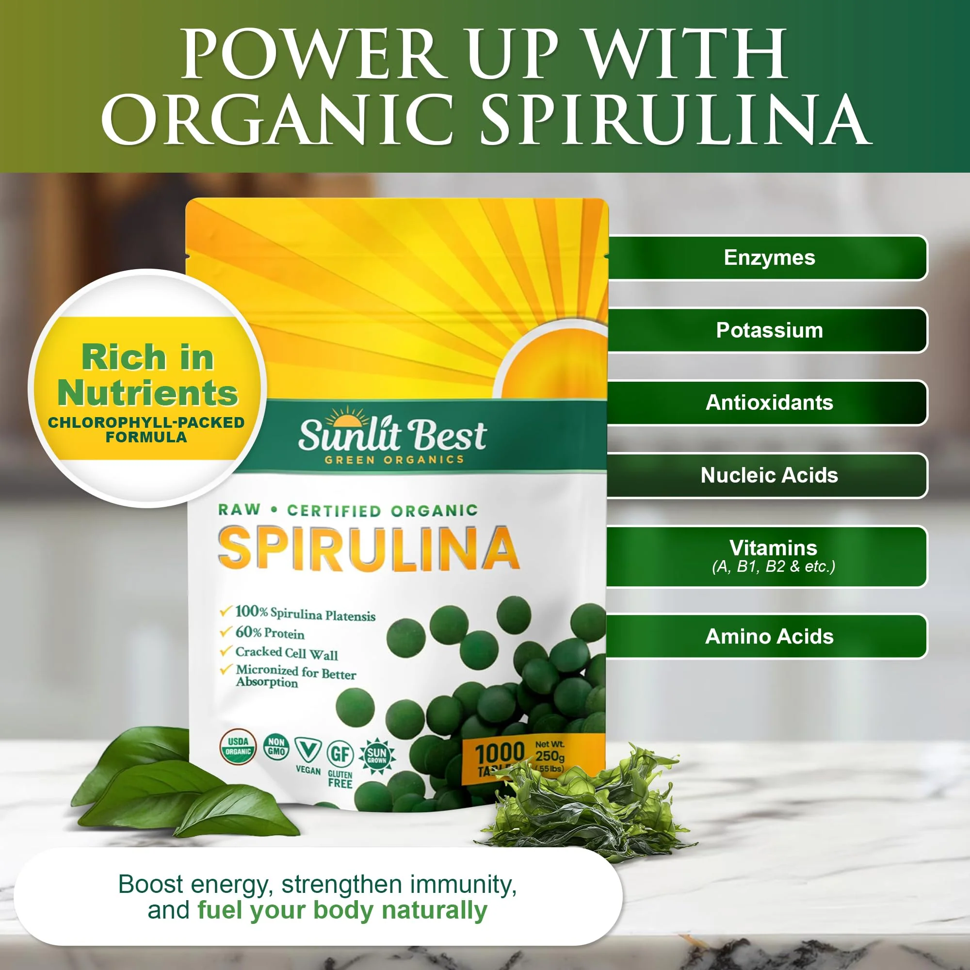 Sunlit Best - USDA Organic Spirulina Tablet - Natural Super Greens Supplements for Immune Support, Gut Health & Boost Energy Tablets with Chlorophyll, Vegan & High Protein Non GMO, 1000 Superfood Tabs - Image 10