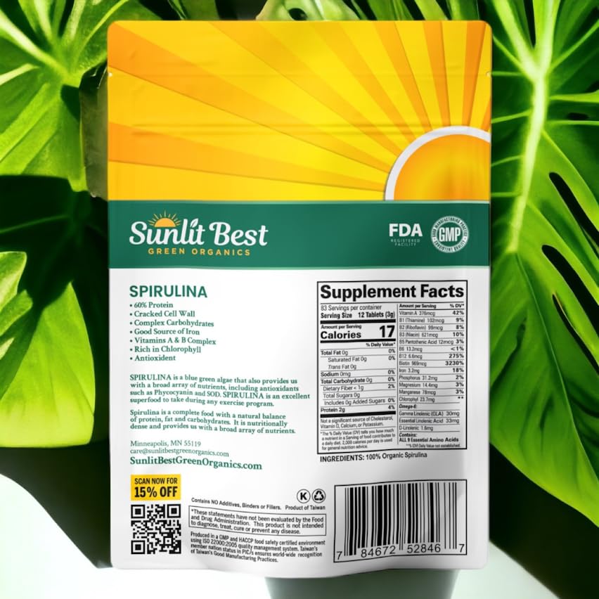 Sunlit Best - USDA Organic Spirulina Tablet - Natural Super Greens Supplements for Immune Support, Gut Health & Boost Energy Tablets with Chlorophyll, Vegan & High Protein Non GMO, 1000 Superfood Tabs - Image 3