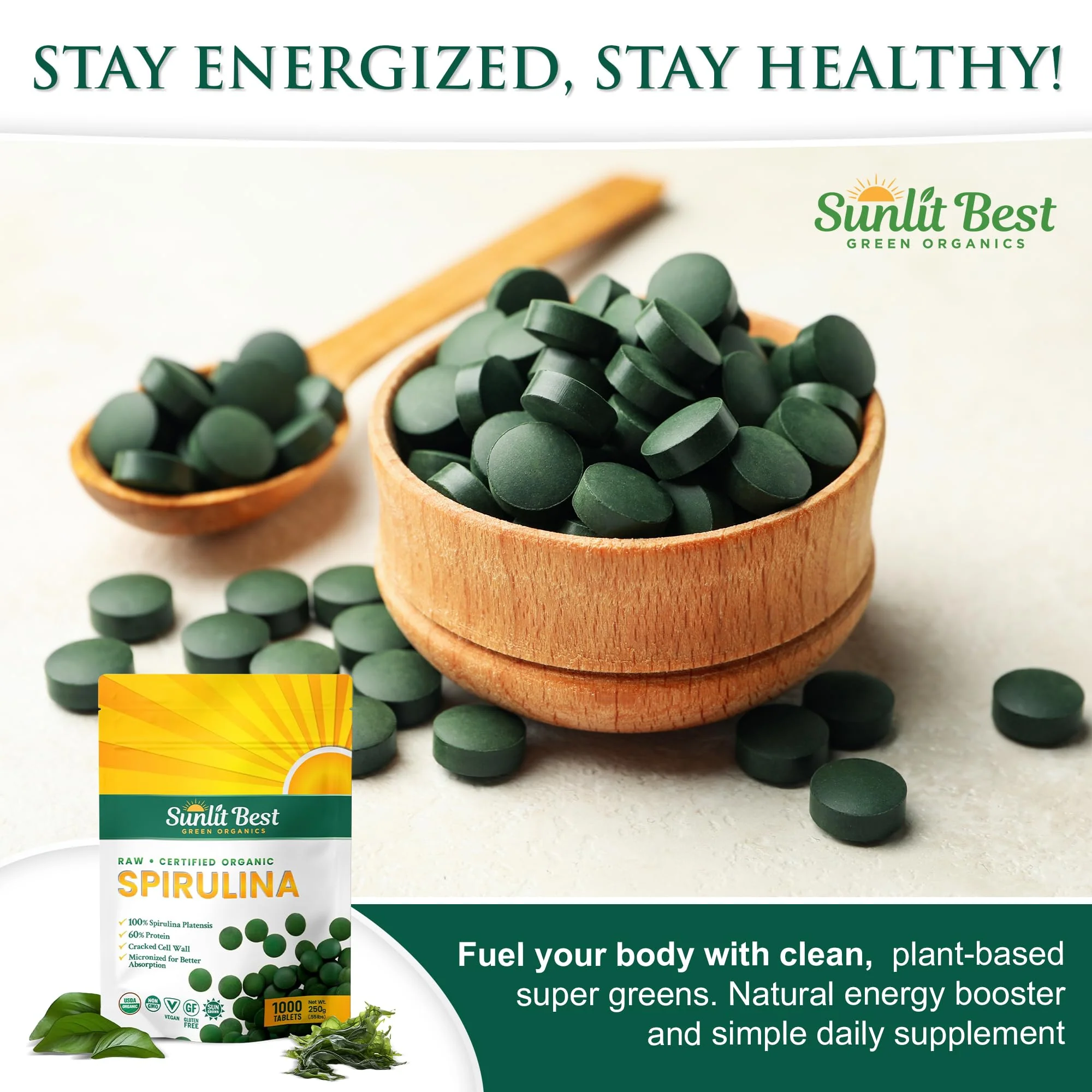 Sunlit Best - USDA Organic Spirulina Tablet - Natural Super Greens Supplements for Immune Support, Gut Health & Boost Energy Tablets with Chlorophyll, Vegan & High Protein Non GMO, 1000 Superfood Tabs - Image 5