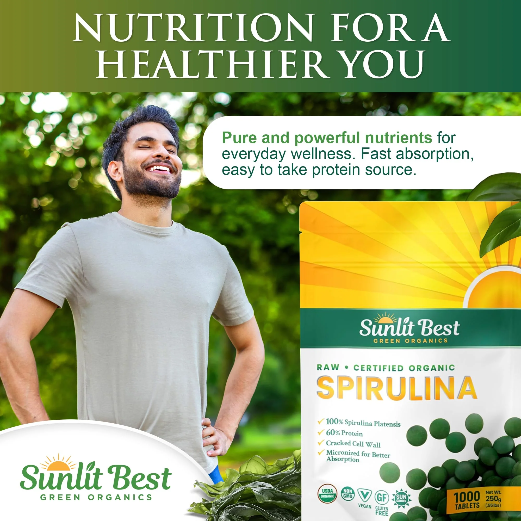 Sunlit Best - USDA Organic Spirulina Tablet - Natural Super Greens Supplements for Immune Support, Gut Health & Boost Energy Tablets with Chlorophyll, Vegan & High Protein Non GMO, 1000 Superfood Tabs - Image 6