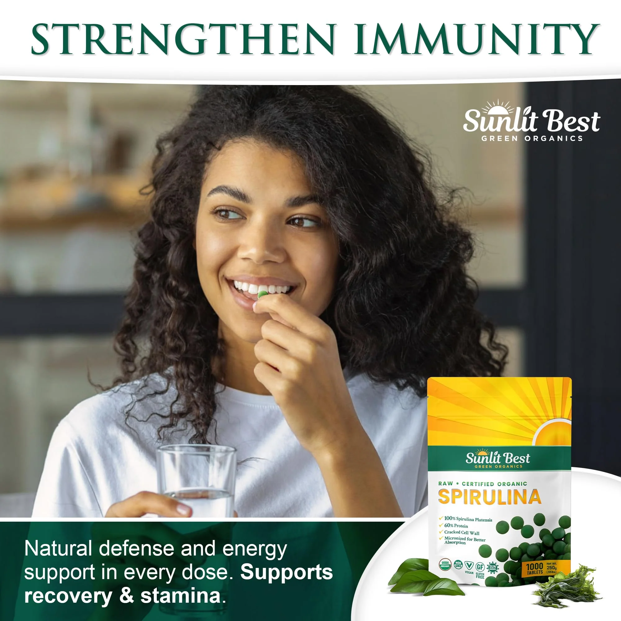 Sunlit Best - USDA Organic Spirulina Tablet - Natural Super Greens Supplements for Immune Support, Gut Health & Boost Energy Tablets with Chlorophyll, Vegan & High Protein Non GMO, 1000 Superfood Tabs - Image 7