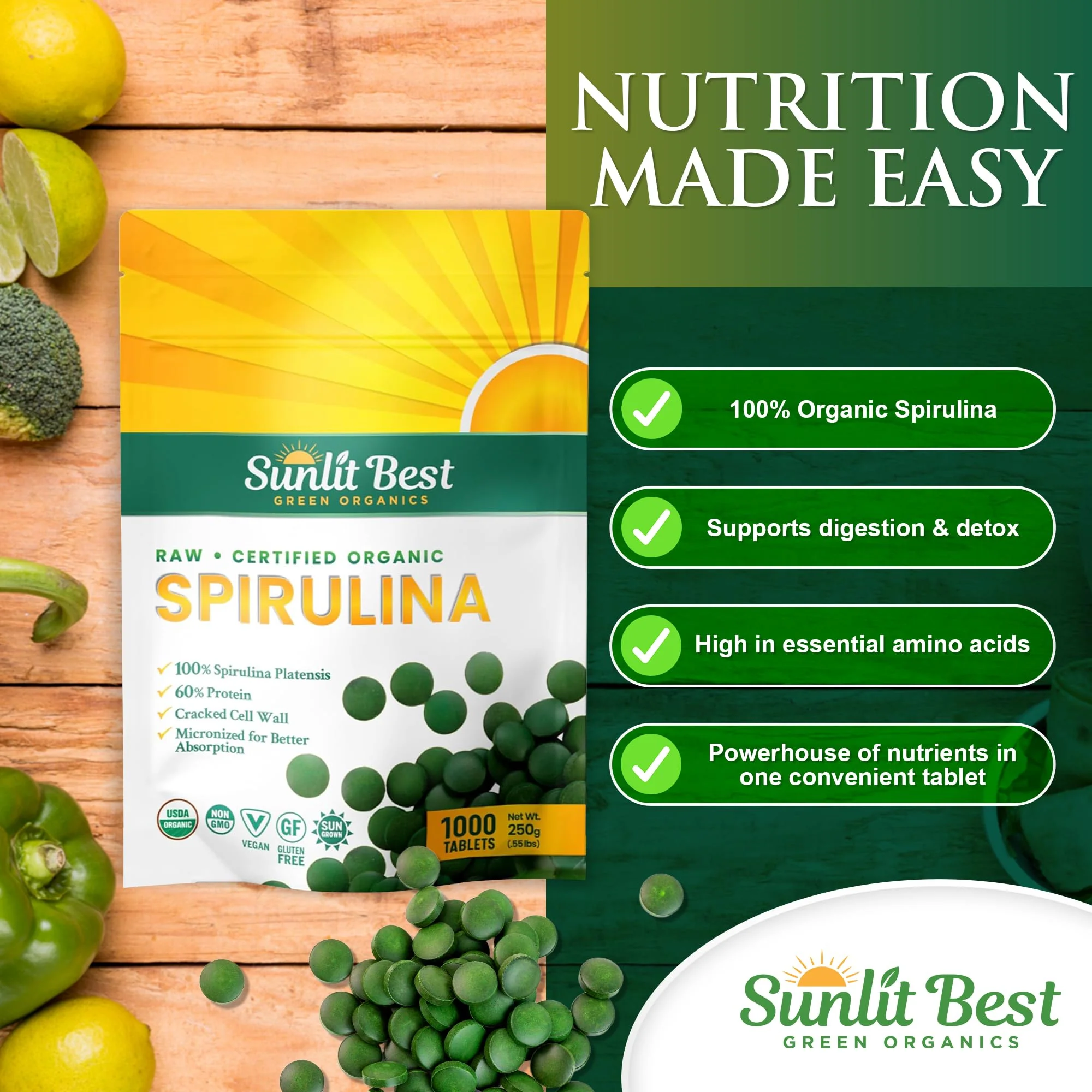 Sunlit Best - USDA Organic Spirulina Tablet - Natural Super Greens Supplements for Immune Support, Gut Health & Boost Energy Tablets with Chlorophyll, Vegan & High Protein Non GMO, 1000 Superfood Tabs - Image 8