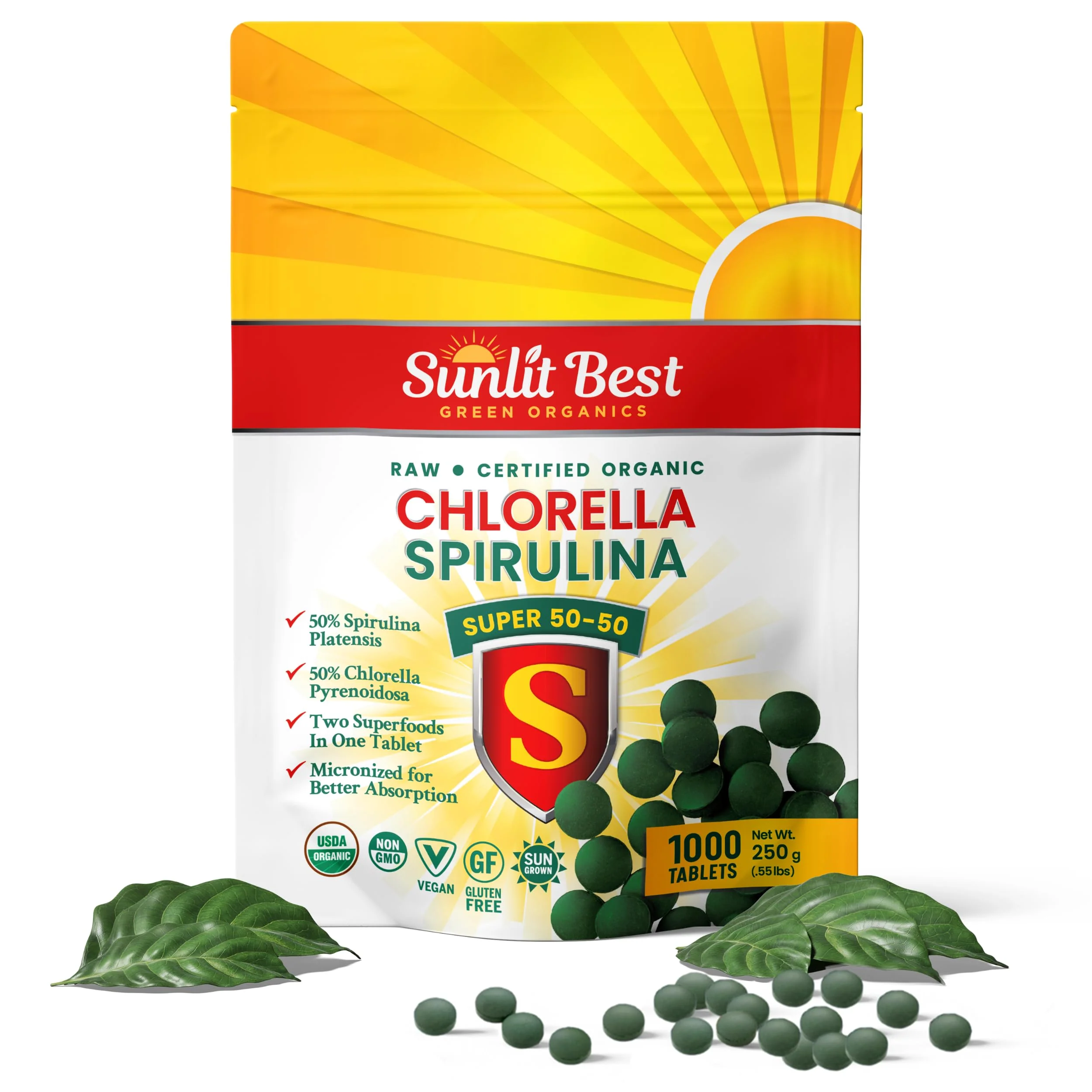 Sunlit Super 50/50 Organic Chlorella Spirulina Tablets - Super Greens Supplement for Immune Support, Gut Health, Mood & Energy - Rich in Chlorophyll, Amino Acids & Vegan Protein, 1000 Superfood Tabs - Image 2