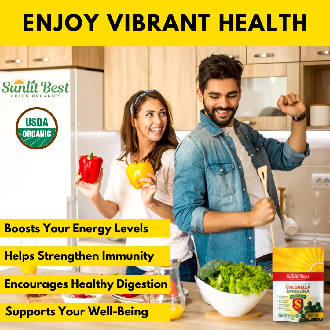 Sunlit Super 50/50 Organic Chlorella Spirulina Tablets - Super Greens Supplement for Immune Support, Gut Health, Mood & Energy - Rich in Chlorophyll, Amino Acids & Vegan Protein, 1000 Superfood Tabs - Image 3