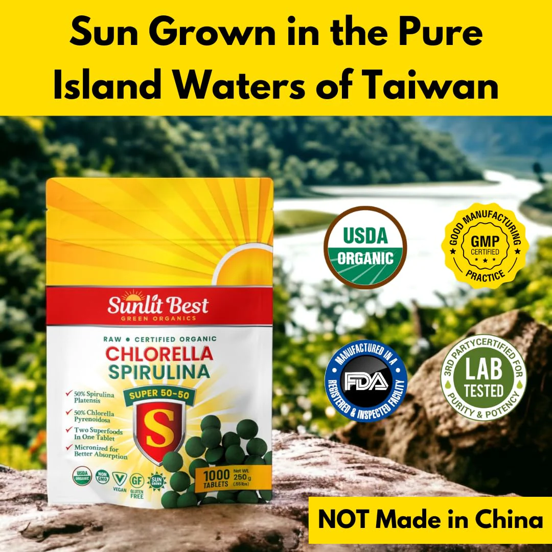 Sunlit Super 50/50 Organic Chlorella Spirulina Tablets - Super Greens Supplement for Immune Support, Gut Health, Mood & Energy - Rich in Chlorophyll, Amino Acids & Vegan Protein, 1000 Superfood Tabs - Image 5