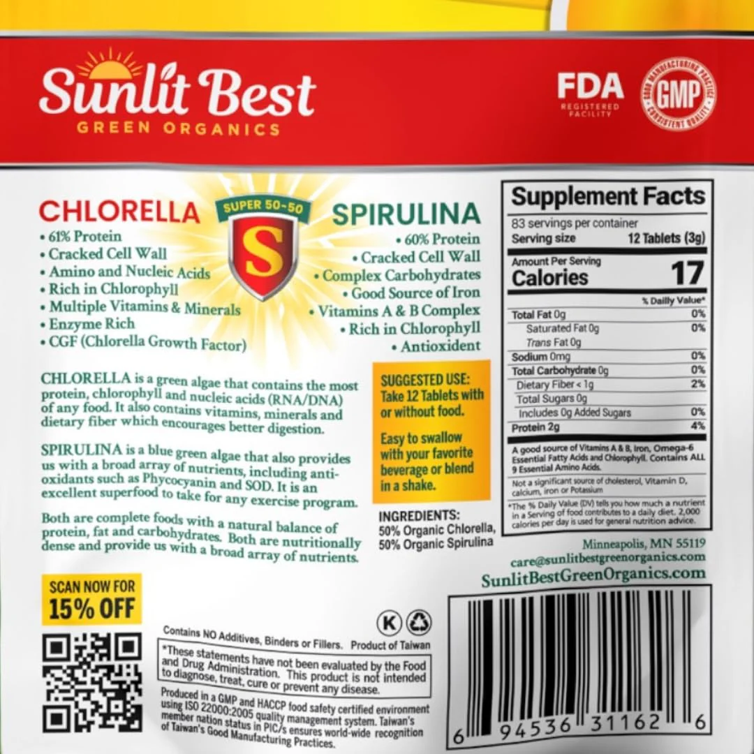 Sunlit Super 50/50 Organic Chlorella Spirulina Tablets - Super Greens Supplement for Immune Support, Gut Health, Mood & Energy - Rich in Chlorophyll, Amino Acids & Vegan Protein, 1000 Superfood Tabs - Image 6