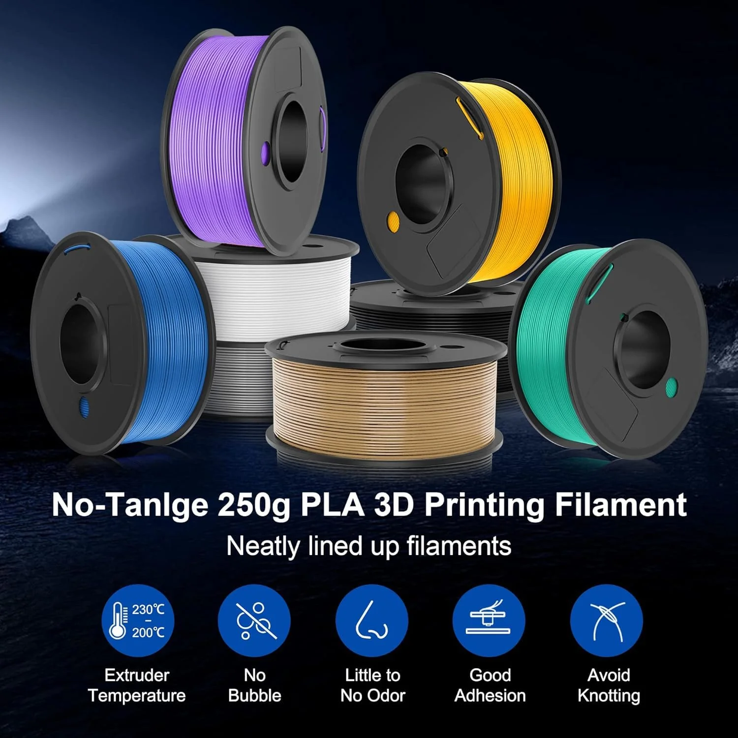 SUNLU PLA Filament 1.75 Bundle, Individually Vacuum Packed, 2kg in Total, 0.25kg per Spool, 8 Pack, Black+Clear +Clear(Yellow+Blue+Green+Purple+Red+Orange) - Image 4