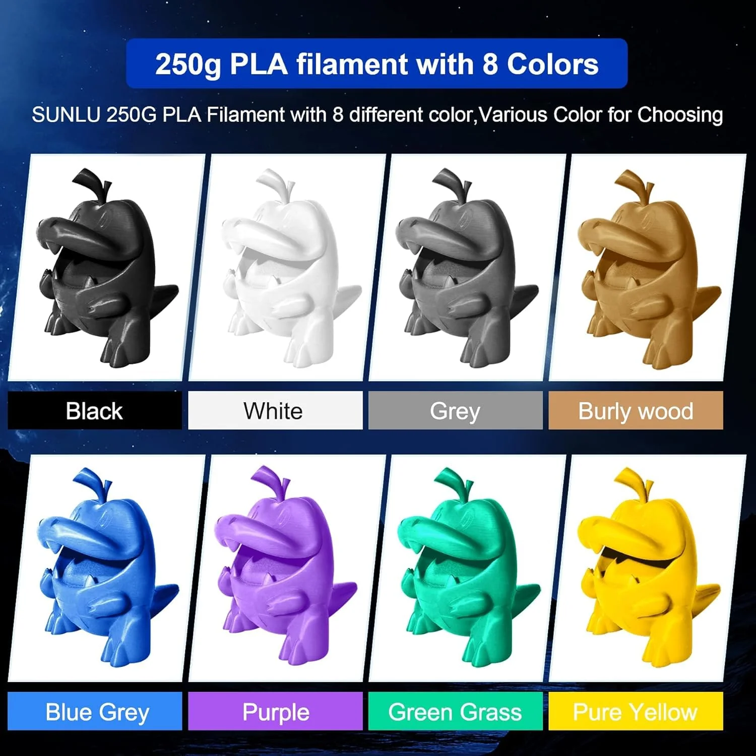 SUNLU PLA Filament 1.75 Bundle, Individually Vacuum Packed, 2kg in Total, 0.25kg per Spool, 8 Pack, Black+Clear +Clear(Yellow+Blue+Green+Purple+Red+Orange) - Image 5