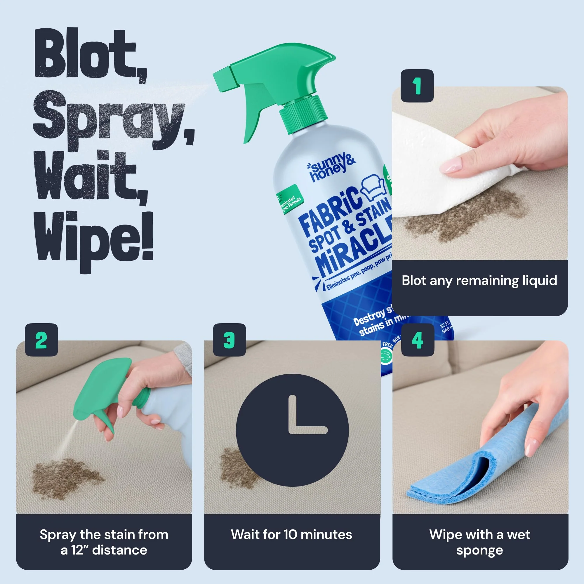 Sunny & Honey Upholstery Cleaner Spray - No Discoloration - Pet & Kid Safe Stain Remover - Multi-Surface Furniture & Sofa Cleaner Spray - Fast-Drying Pet Stain Remover (32 fl oz, Mint) - Image 3