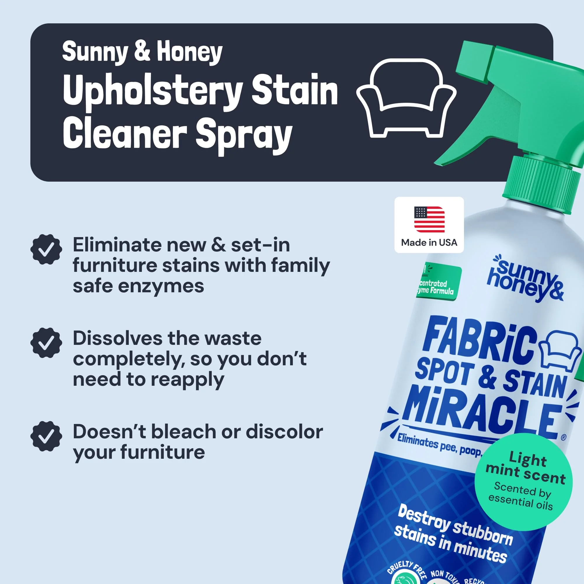 Sunny & Honey Upholstery Cleaner Spray - No Discoloration - Pet & Kid Safe Stain Remover - Multi-Surface Furniture & Sofa Cleaner Spray - Fast-Drying Pet Stain Remover (32 fl oz, Mint) - Image 9