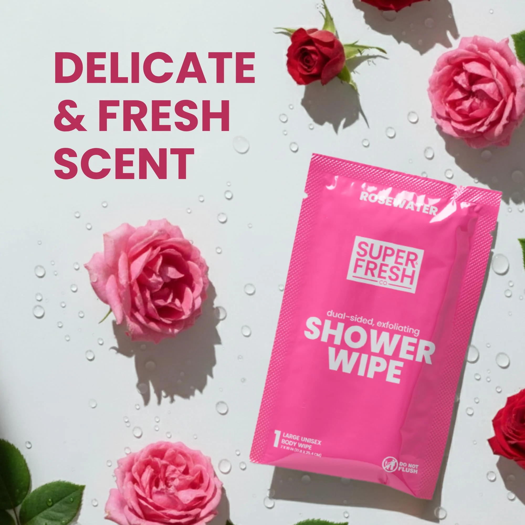 Super Fresh Shower Wipes Large RoseWater Body Wipes for No Rinse Bathing Personal Hygiene Gym Travel or Camping Enriched with Aloe and Vitamin E 20 Individually Wrapped Disposable Sheets - Image 5