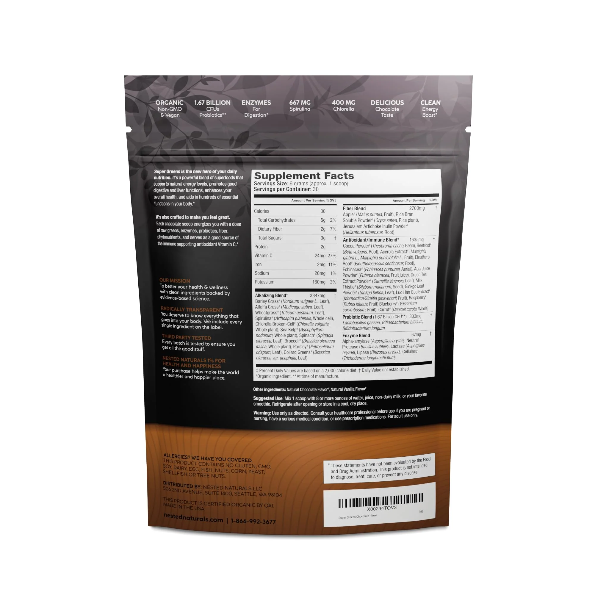 Super Greens #1 Green Superfood Powder | 100% USDA Organic Non-GMO Vegan Supplement | 20+ Whole Foods (Spirulina, Wheat Grass, Barley), Probiotics, Fiber & Enzymes (Original, 30 Servings) (Chocolate) - Image 7