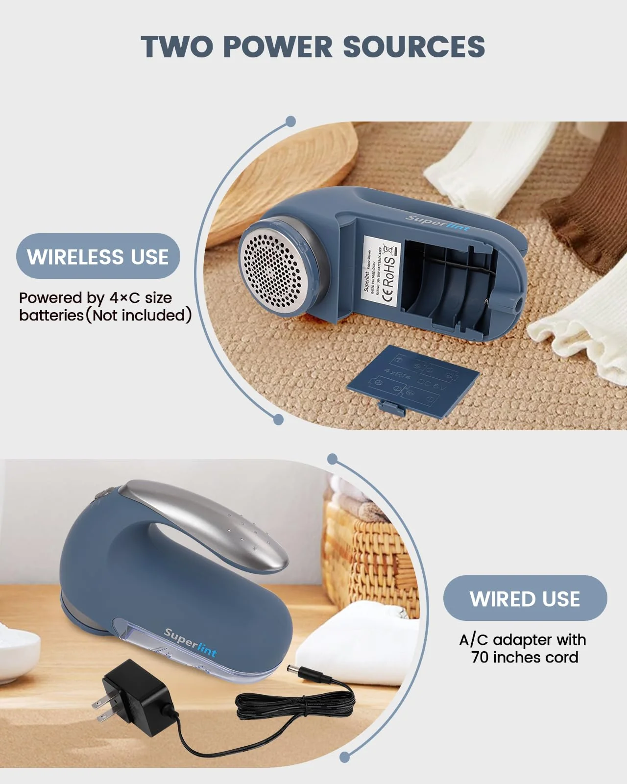 SUPER LINT Electric Sweater Shaver Fuzz Pill Bobble Remover for Fabric Fleece Curtains Clothes, Marine Blue & Silver - Image 2