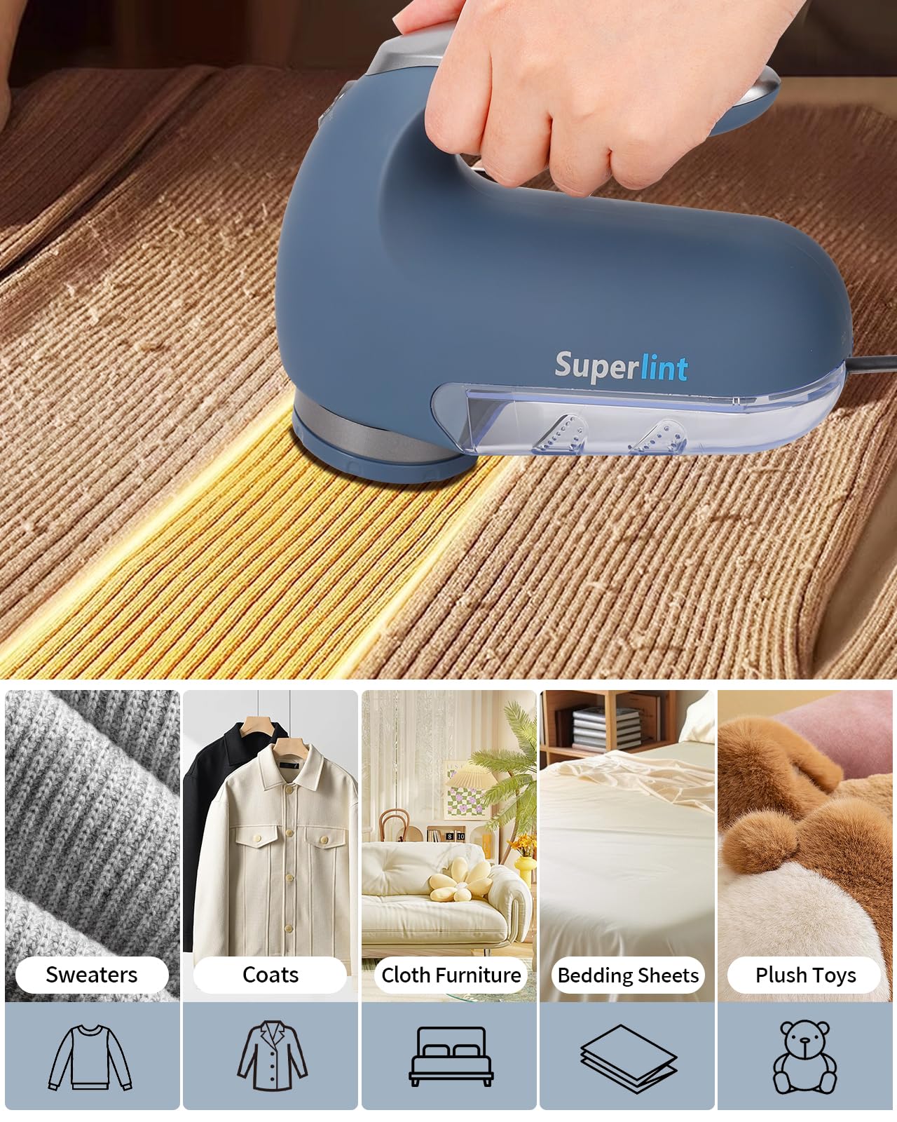 SUPER LINT Electric Sweater Shaver Fuzz Pill Bobble Remover for Fabric Fleece Curtains Clothes, Marine Blue & Silver - Image 3
