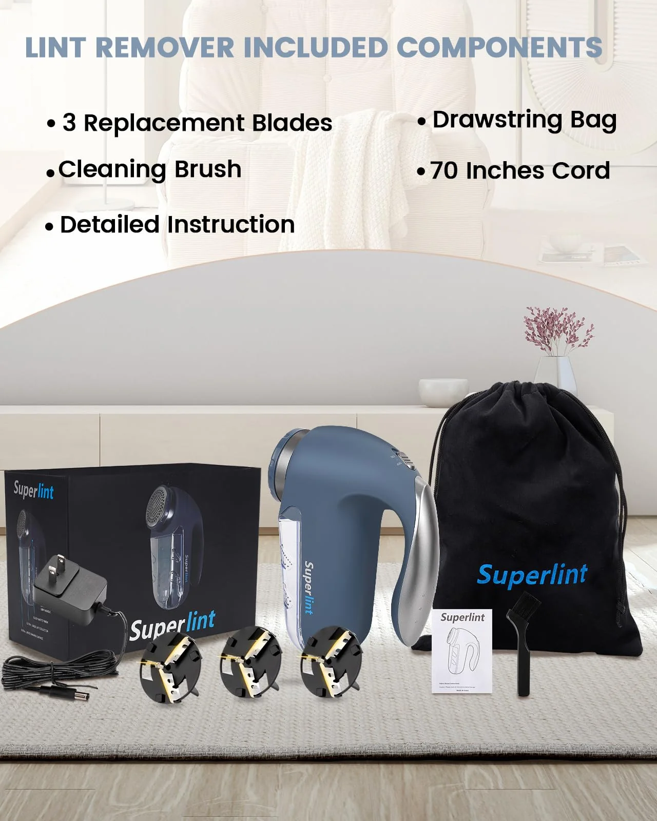 SUPER LINT Electric Sweater Shaver Fuzz Pill Bobble Remover for Fabric Fleece Curtains Clothes, Marine Blue & Silver - Image 5