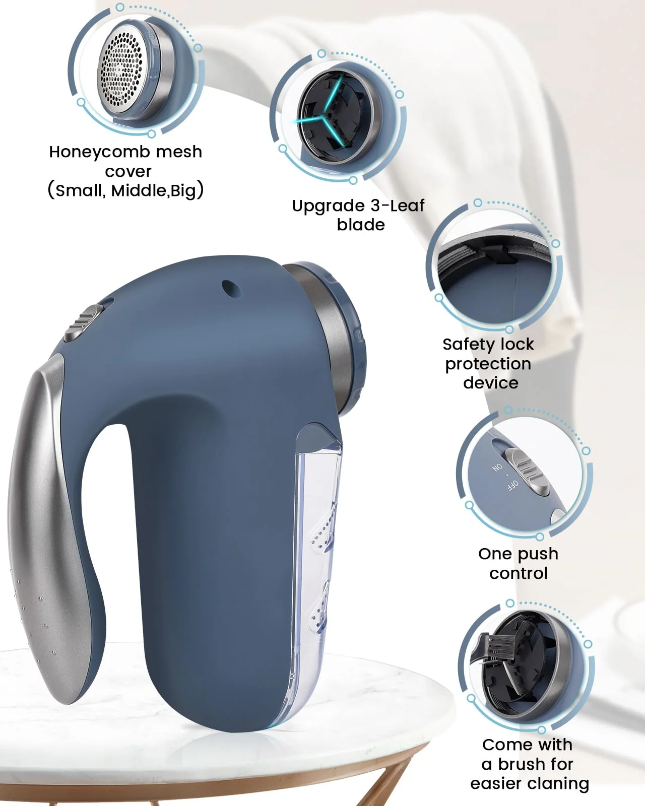 SUPER LINT Electric Sweater Shaver Fuzz Pill Bobble Remover for Fabric Fleece Curtains Clothes, Marine Blue & Silver - Image 6