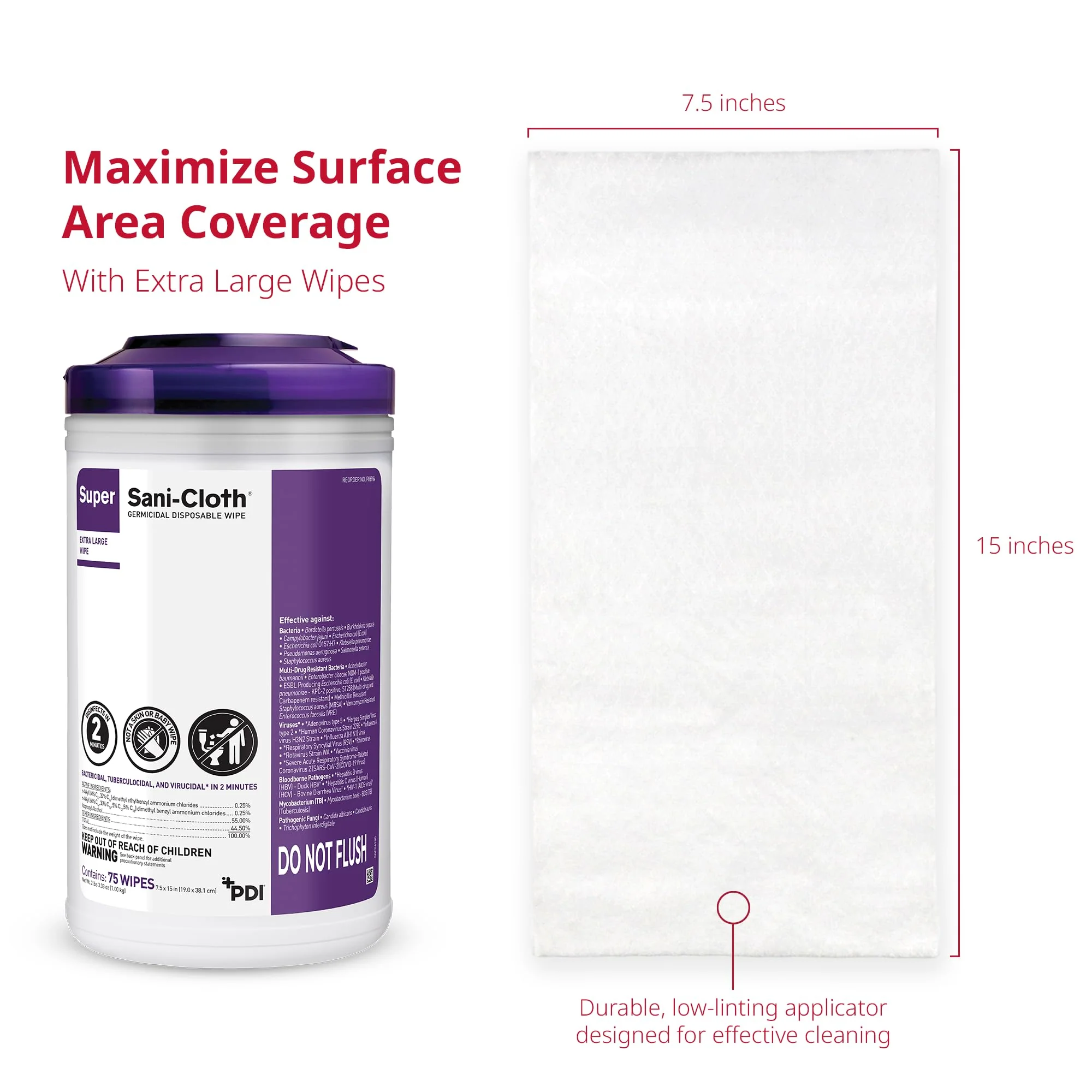 Super Sani-Cloth X-Large Disinfectant Wipes, 6-Pack (450 Count), 75 XL 7.5" x 15" Wipes, Hospital-Grade Surface Cleaning and Disinfecting - Image 3