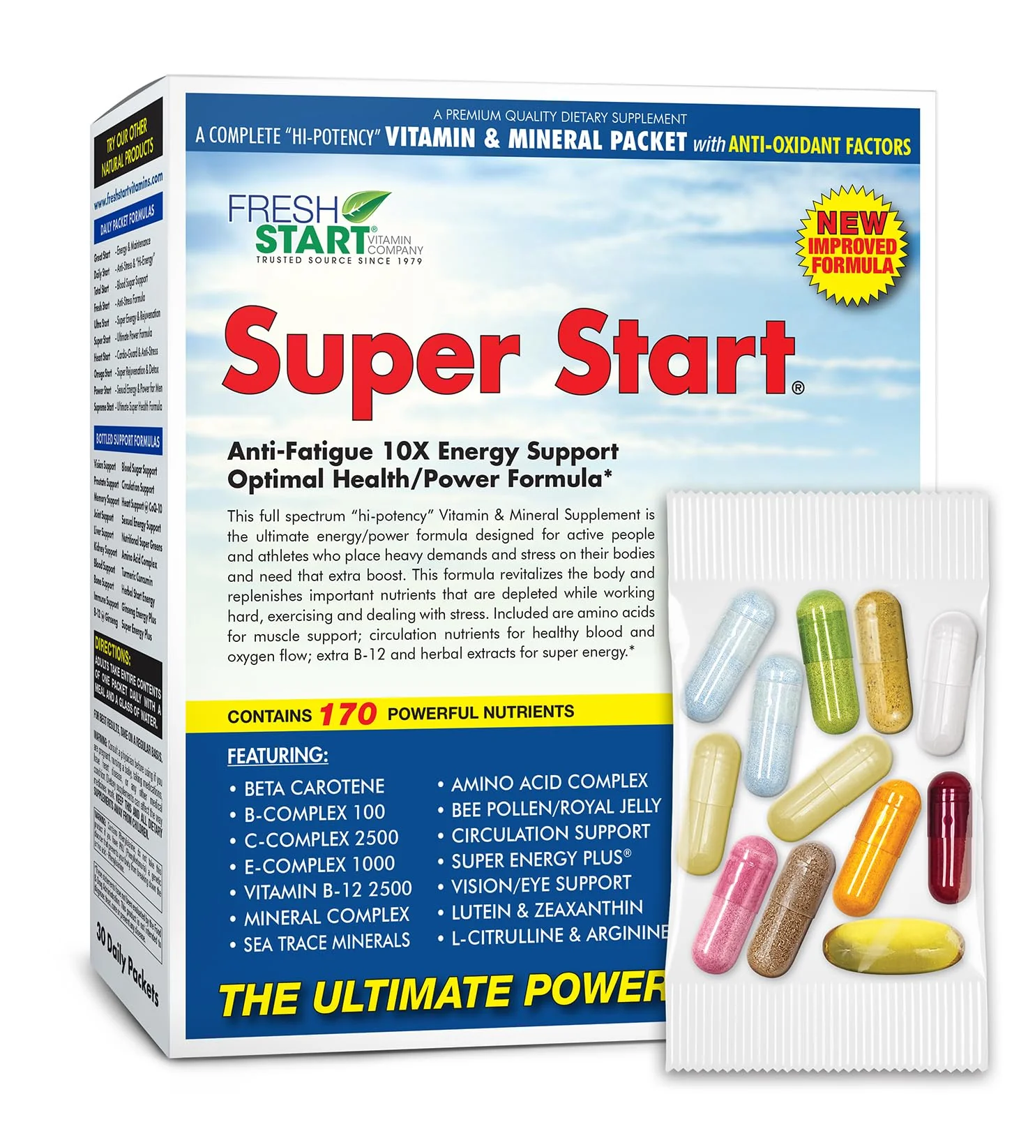 Super Start All-in-One Daily Vitamin Pack - Energy & Endurance - Vitamin B12, Panax Ginseng, Guarana, L-Arginine, L-Citrulline & BCAAs - 30 Day Supply