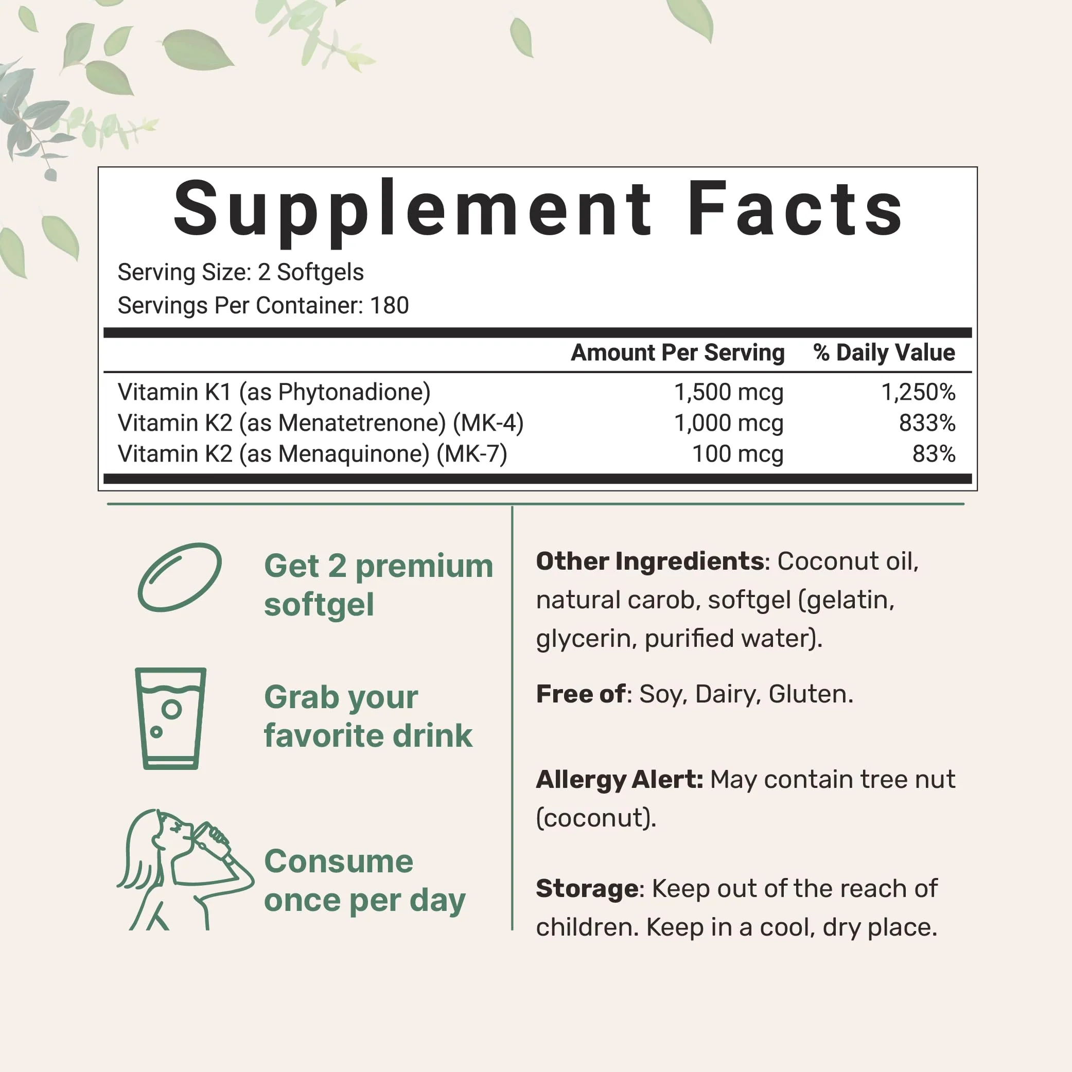 Super Vitamin K Complex (K2 MK7 + MK4 & K1), 360 Coconut Oil Softgles | Easily Absorbed K Vitamins, Active Menaquinone Complex | Non-GMO - Image 6