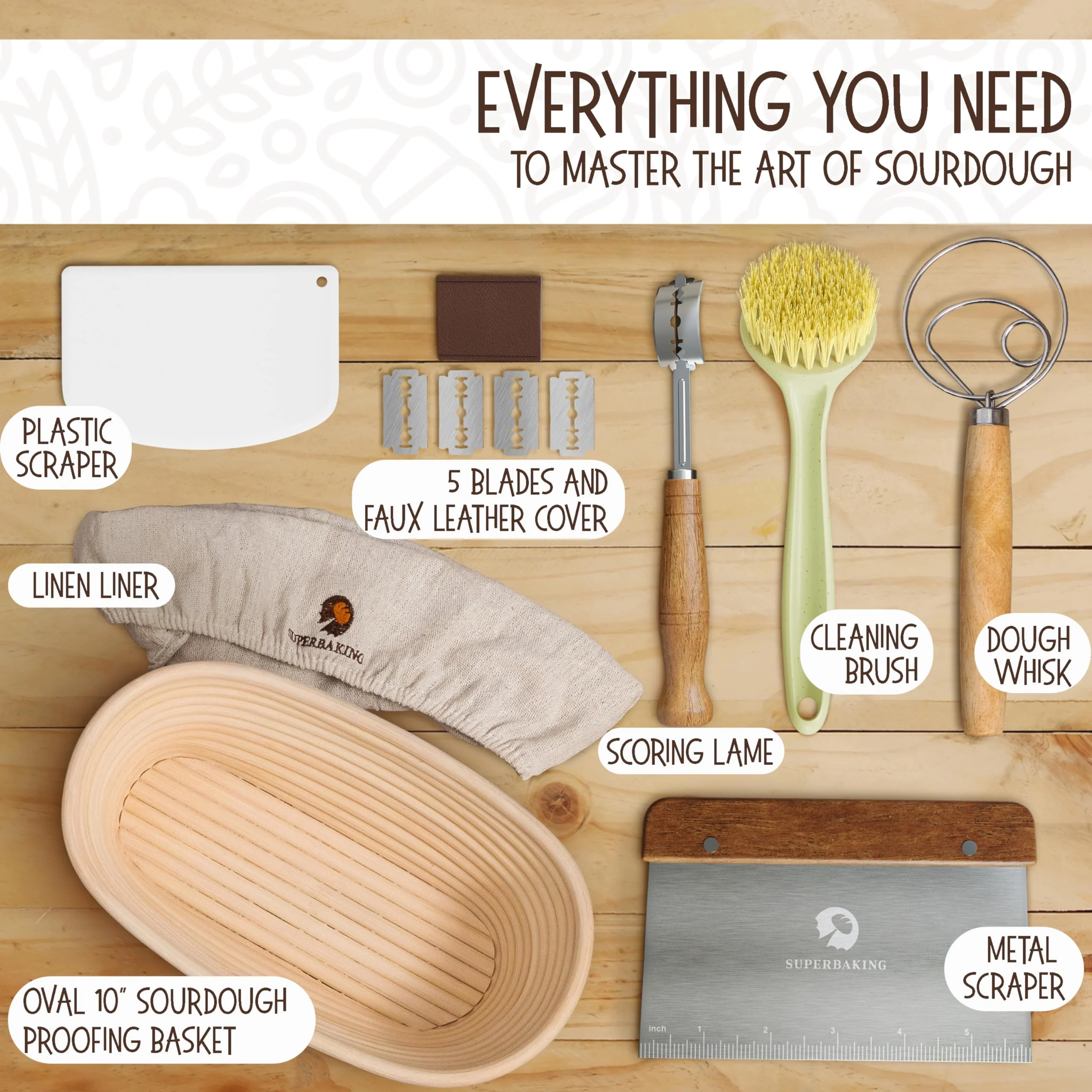 Superbaking 10" Oval Banneton Bread Proofing Basket Gift Set – Sourdough Starter Kit for Crusty Artisan Style Loaves, Includes Essential Bread Baking Supplies & Tools - Ideal Gift for Bakers - Image 7