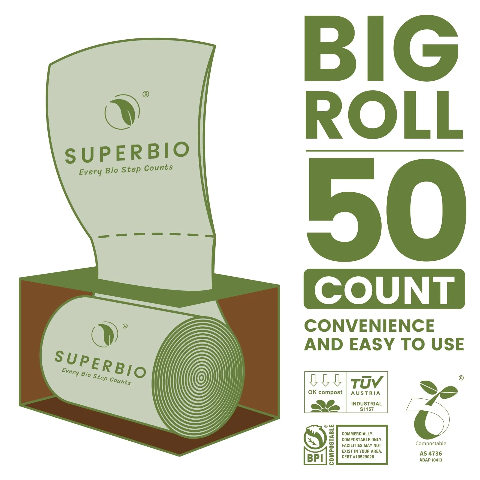 SUPERBIO 13 Gallon Flat Top Compostable Food Waste Bags, 50 Count, 2 Pack, 49.2L, 0.87 Mil, ASTM D6400 BPI and OK compost INDUSTRIAL - Image 8
