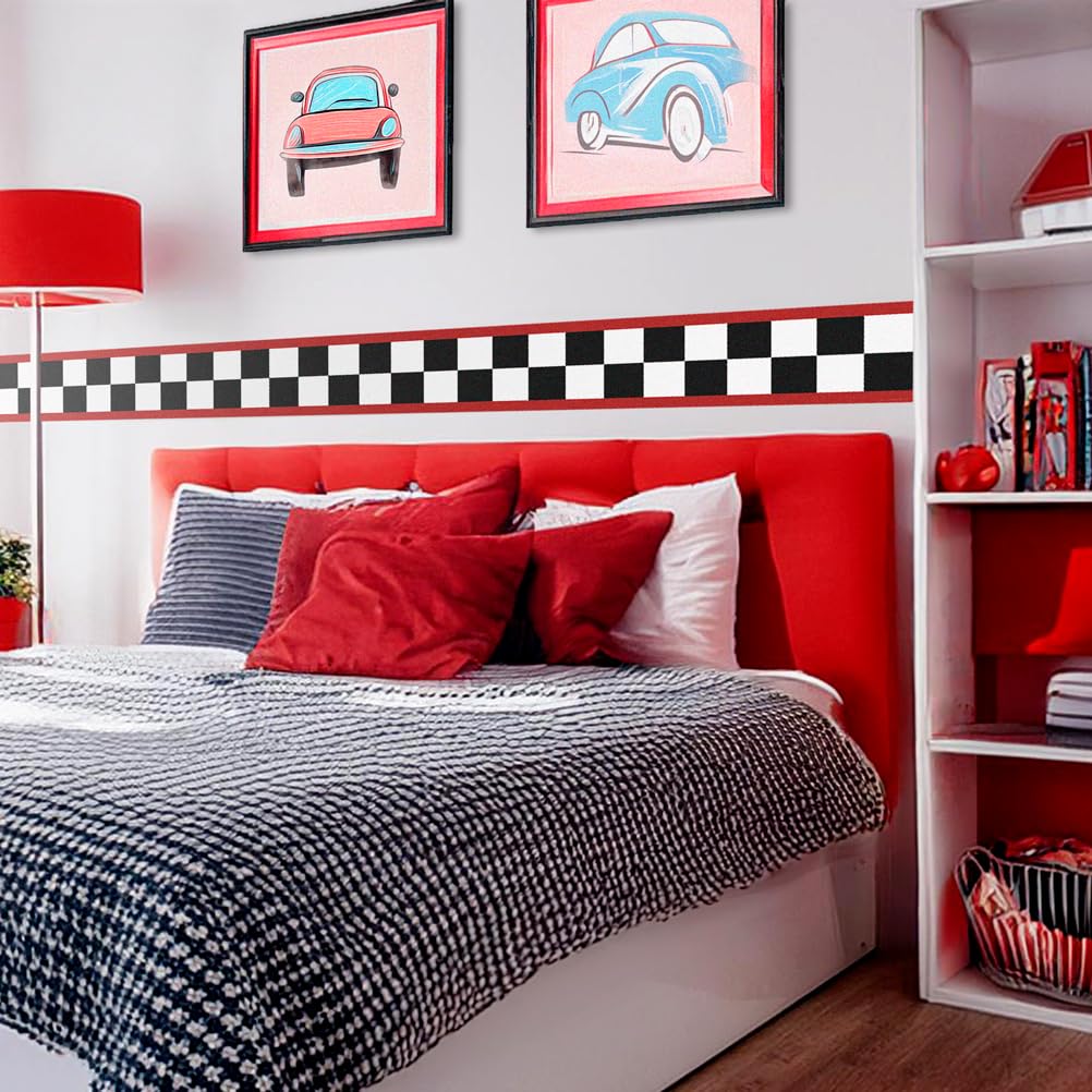 SuperDuperDecor - Chequered Flag with Red Stripes - Bedroom Wall Border - Eco 1.3m Self Adhesive Strips - Image 2