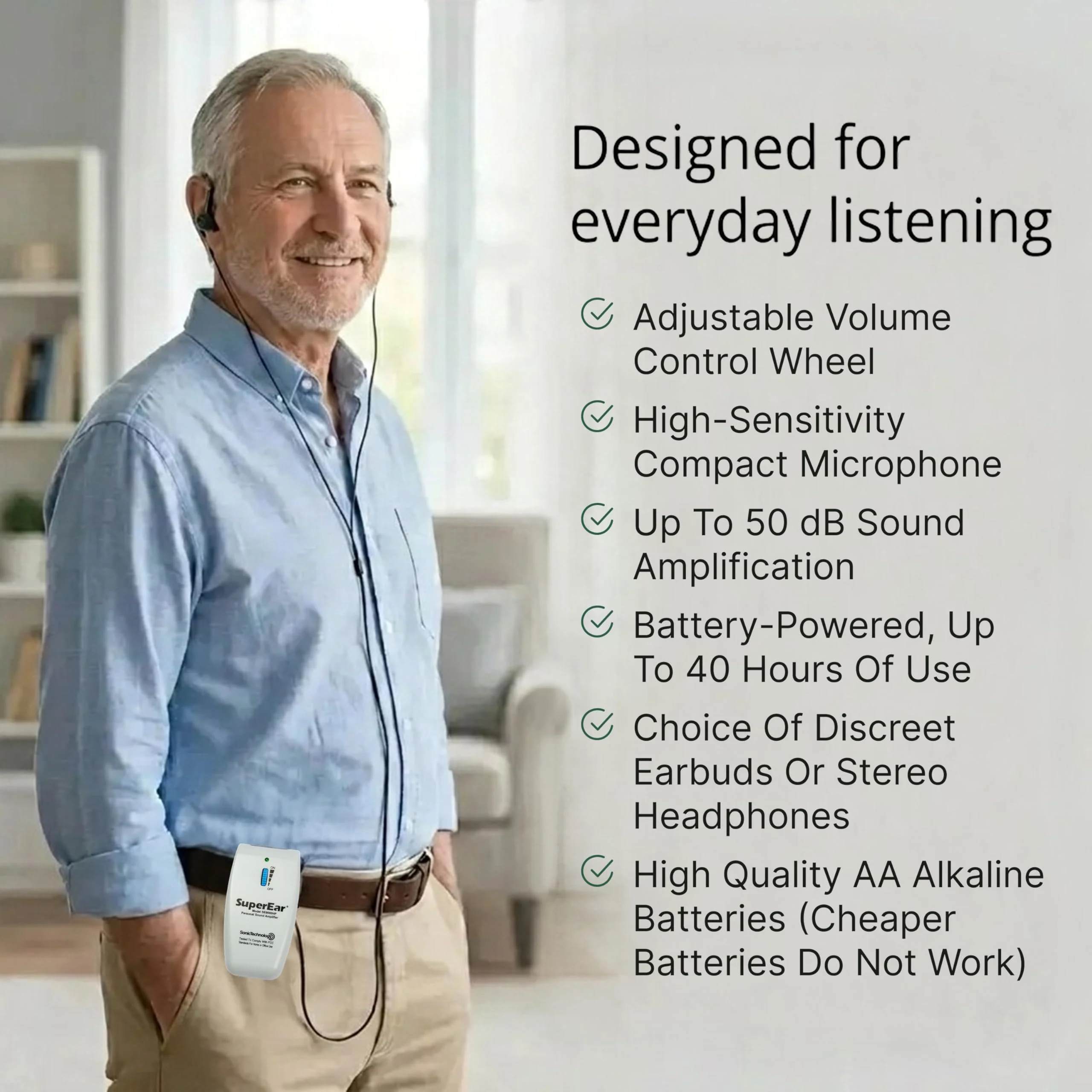 SuperEar SE9000HP Hearing Amplifier – Rechargeable Personal Sound Amplification System with Headphones & Earbuds, 50dB Boost, 3-Tone Selection - Image 2