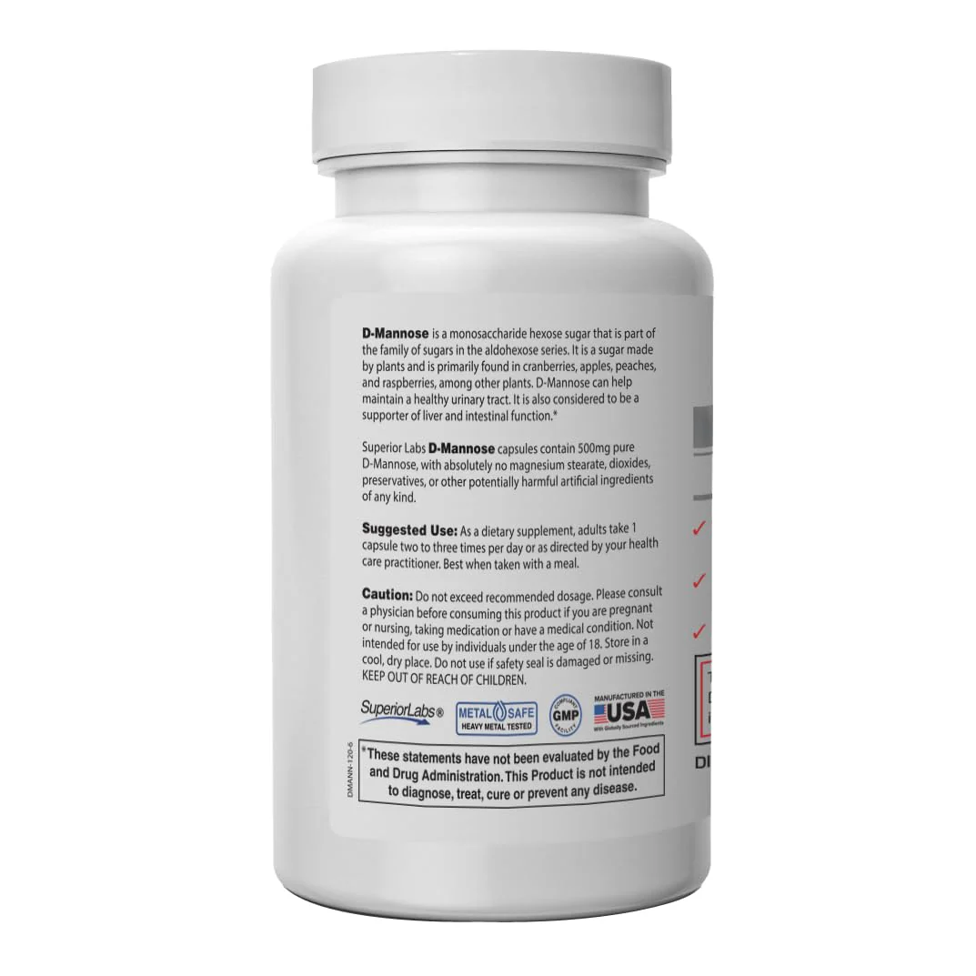 Superior Labs D-Mannose 500 mg, Pure Non-GMO Optimal Absorption Prebiotic, Urinary Tract, Bladder & Kidney UTI Support, Digestive & Liver Health Aid, IC Relief for Women & Men, 120 Veg Caps - Image 3