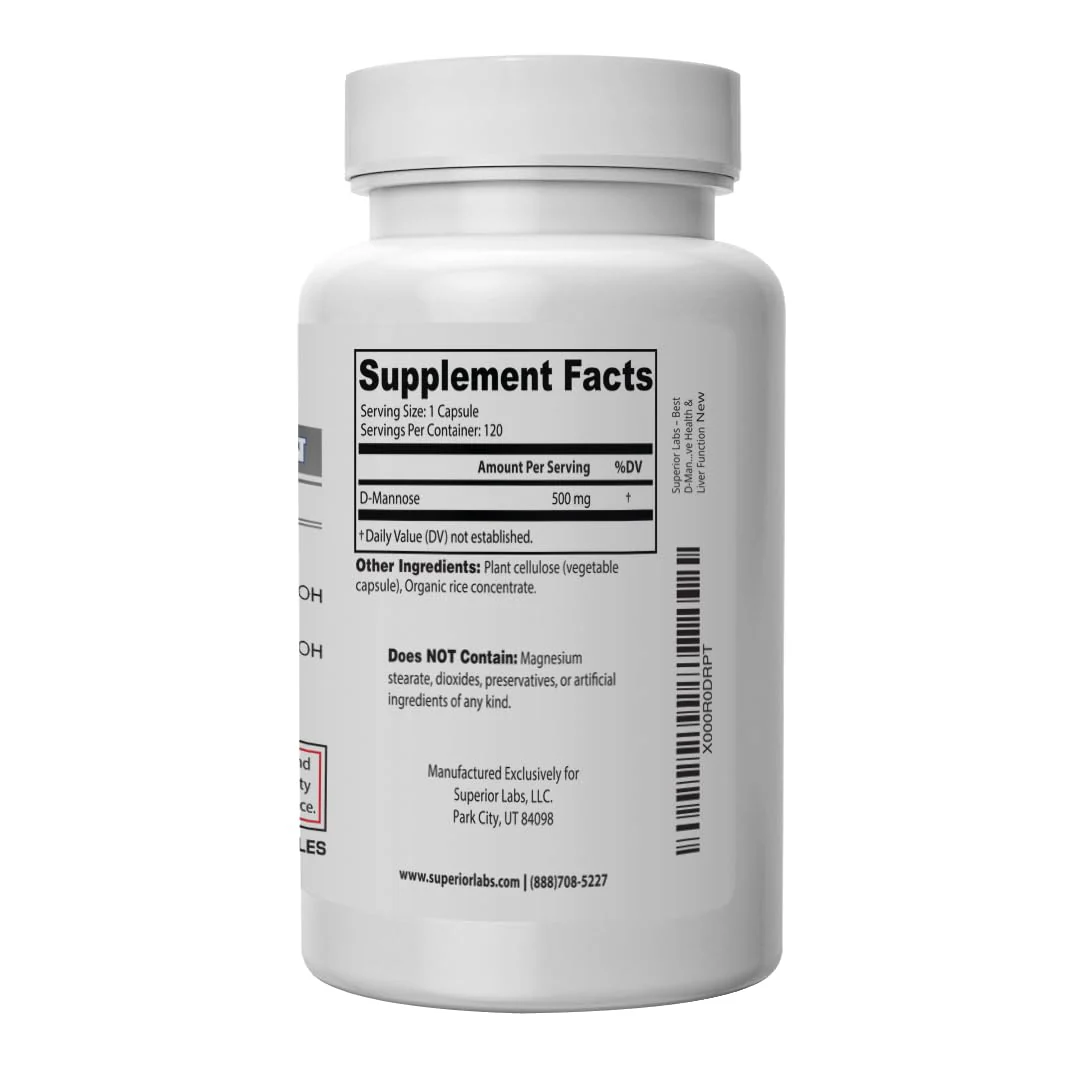 Superior Labs D-Mannose 500 mg, Pure Non-GMO Optimal Absorption Prebiotic, Urinary Tract, Bladder & Kidney UTI Support, Digestive & Liver Health Aid, IC Relief for Women & Men, 120 Veg Caps - Image 4