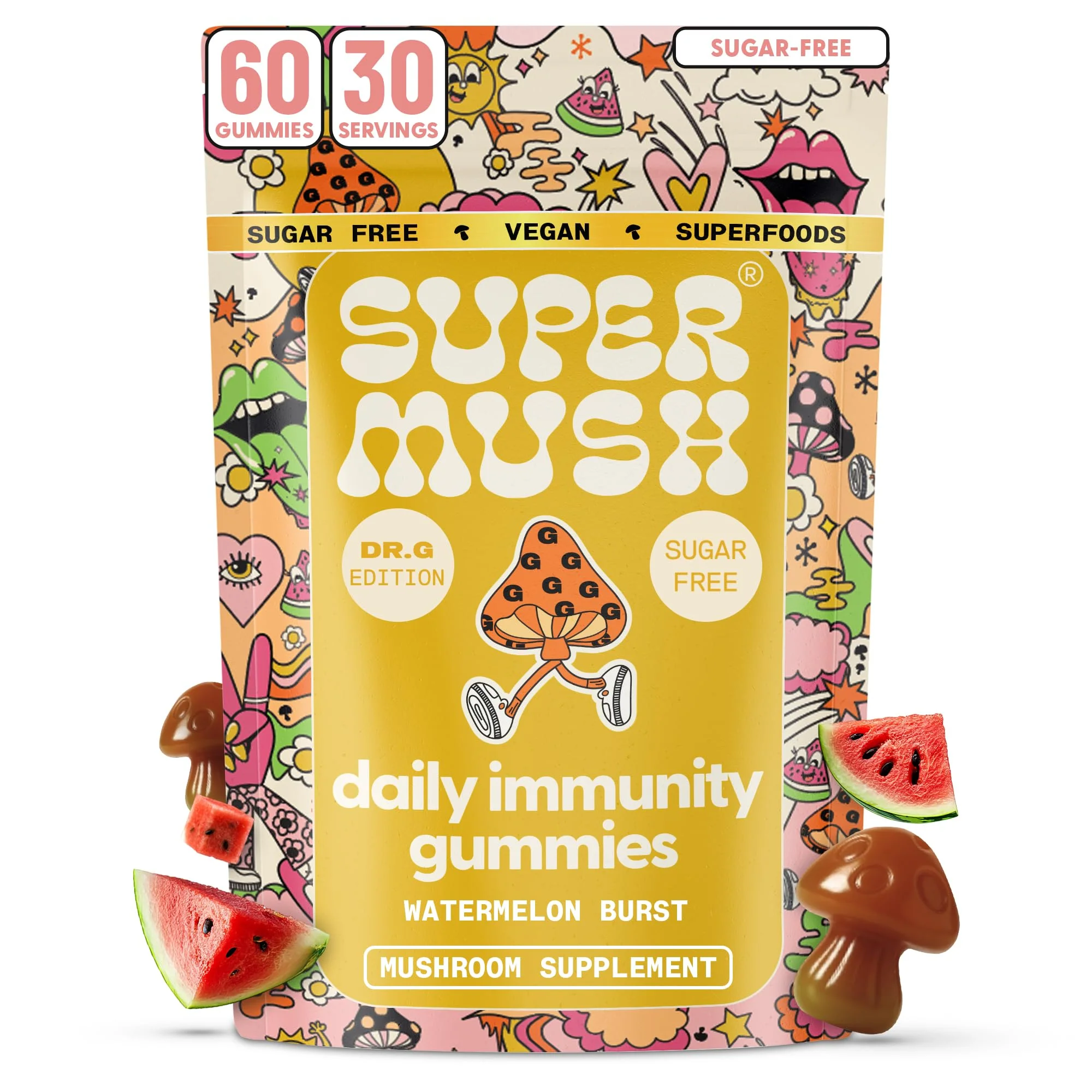 SuperMush Dr. G Daily Greens Gummies - Lion’s Mane, Spirulina, Chlorella, Ashwagandha, Prebiotics & Vitamins C, D, Zinc - Sugar Free Greens Gummies for Immunity, Gut Health & Radiance - Vegan 60 Ct