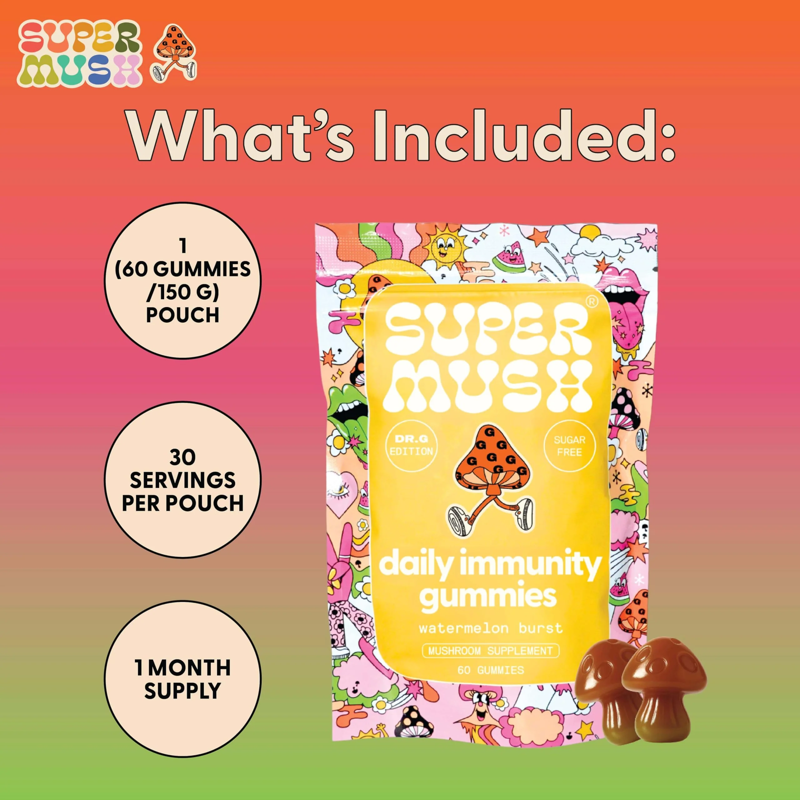 SuperMush Dr. G Daily Greens Gummies - Lion’s Mane, Spirulina, Chlorella, Ashwagandha, Prebiotics & Vitamins C, D, Zinc - Sugar Free Greens Gummies for Immunity, Gut Health & Radiance - Vegan 60 Ct - Image 3
