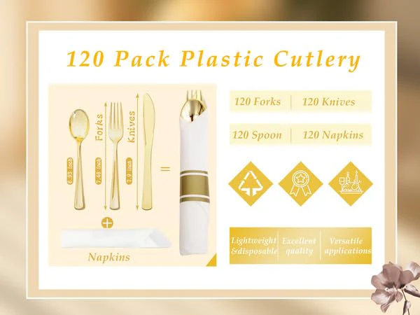Supernal 120Pack Gold Plastic Silverware Wrapped Plastic Cutlery Set with Napkin,Pre Rolled Napkins with Cutlery Set,Rolled Silverware Disposable For Halloween Thanksgiving Christmas - Image 2
