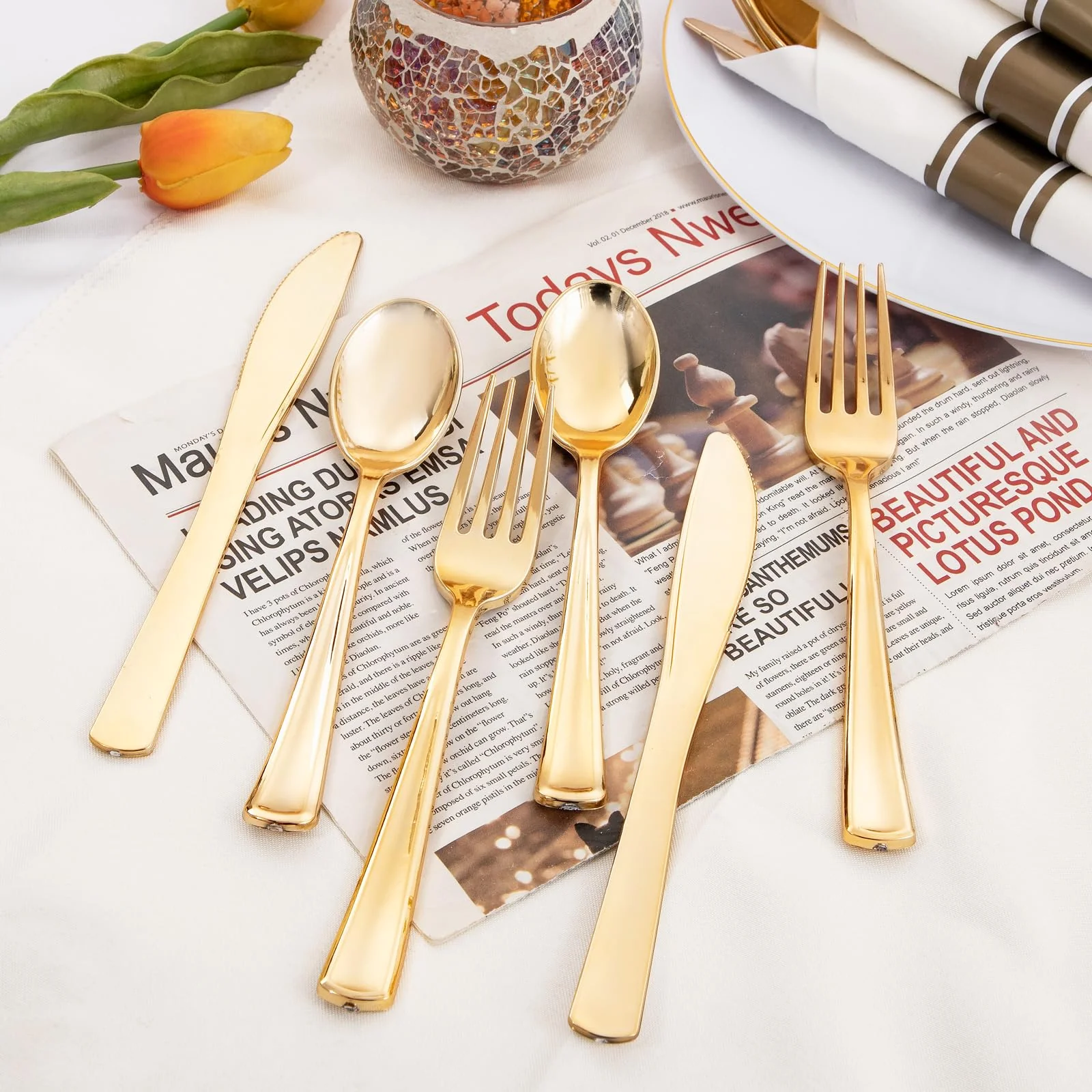 Supernal 120Pack Gold Plastic Silverware Wrapped Plastic Cutlery Set with Napkin,Pre Rolled Napkins with Cutlery Set,Rolled Silverware Disposable For Halloween Thanksgiving Christmas - Image 7