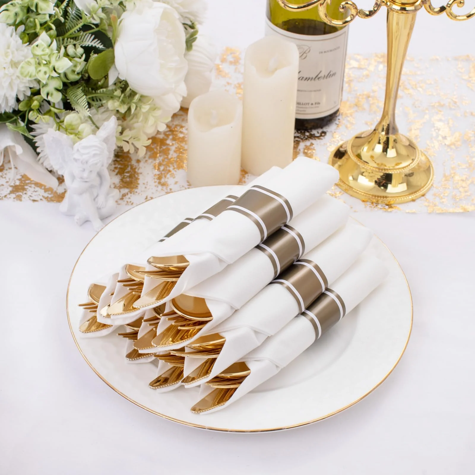 Supernal 120Pack Gold Plastic Silverware Wrapped Plastic Cutlery Set with Napkin,Pre Rolled Napkins with Cutlery Set,Rolled Silverware Disposable For Halloween Thanksgiving Christmas - Image 8