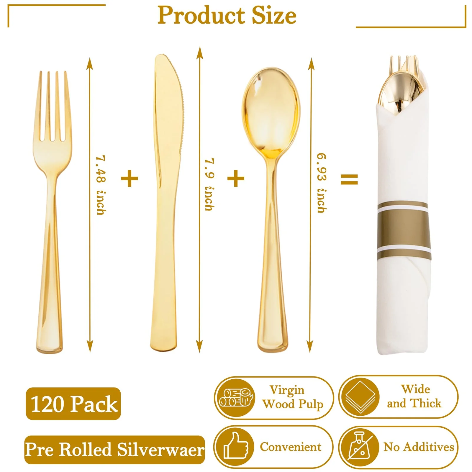 Supernal 120Pack Gold Plastic Silverware Wrapped Plastic Cutlery Set with Napkin,Pre Rolled Napkins with Cutlery Set,Rolled Silverware Disposable For Halloween Thanksgiving Christmas - Image 9