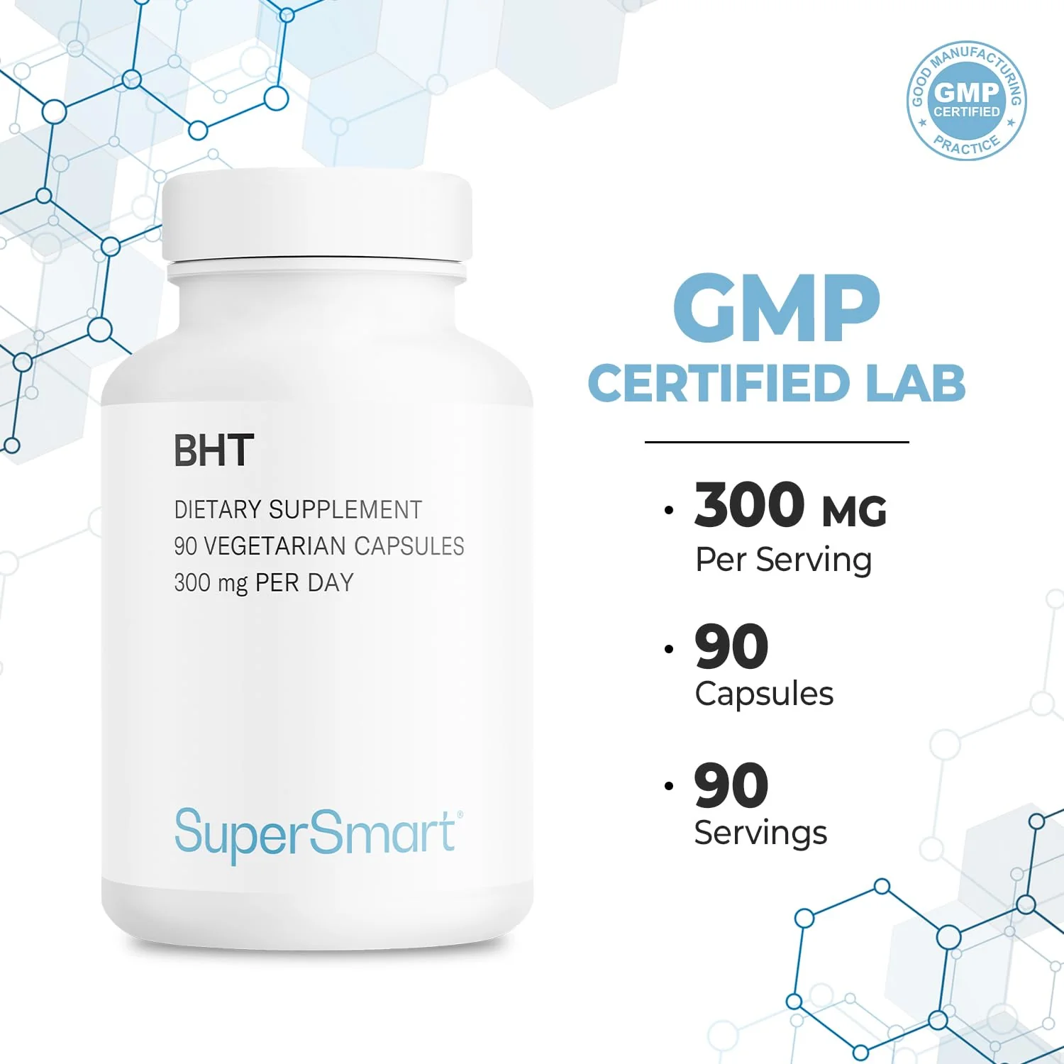 Supersmart - BHT 300 mg Per Day - Butylated Hydroxytoluene - Powerful Antioxidant & Immune Support - Anti Aging Supplement | Non-GMO & Gluten Free - 90 Vegetarian Capsules - Image 5