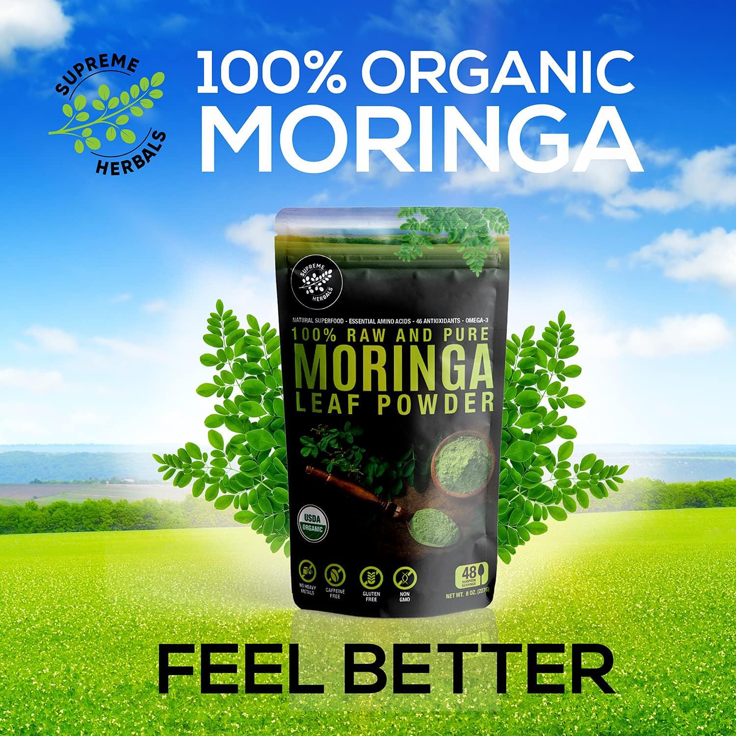 SUPREME HERBALS, 100% Raw and Pure Moringa Leaf Powder. Organic Certified Moringa Leaf. Natural Superfood with Essential Amino Acids, Antioxidants, and Omega 3, 8 oz Resealable Bag. - Image 3
