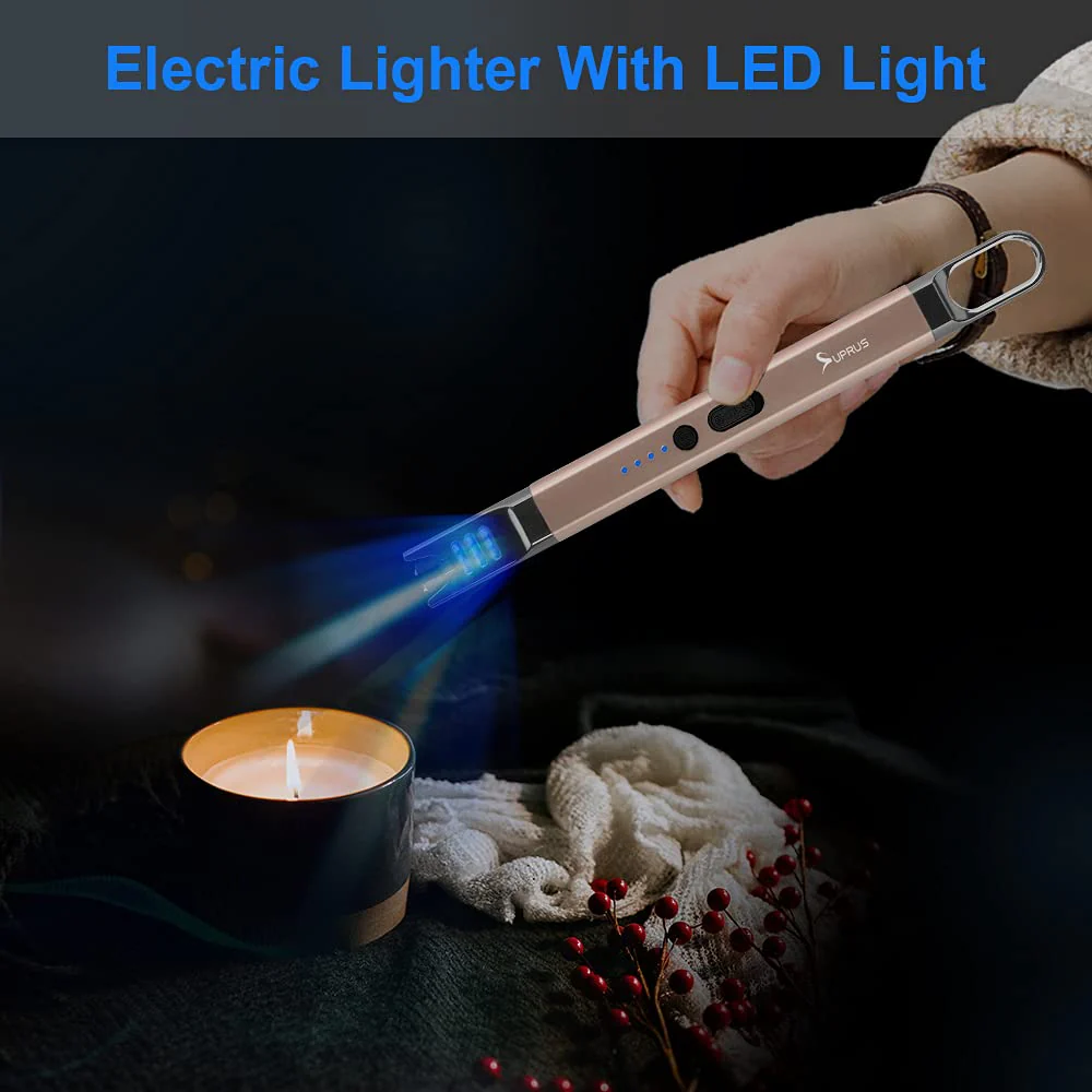 SUPRUS Candle Lighter Electric Arc Lighter Windproof Flameless USB Rechargeable Lighter with LED Light for Candle Camping BBQ Cooking (Black+Champagne Gold) - Image 7