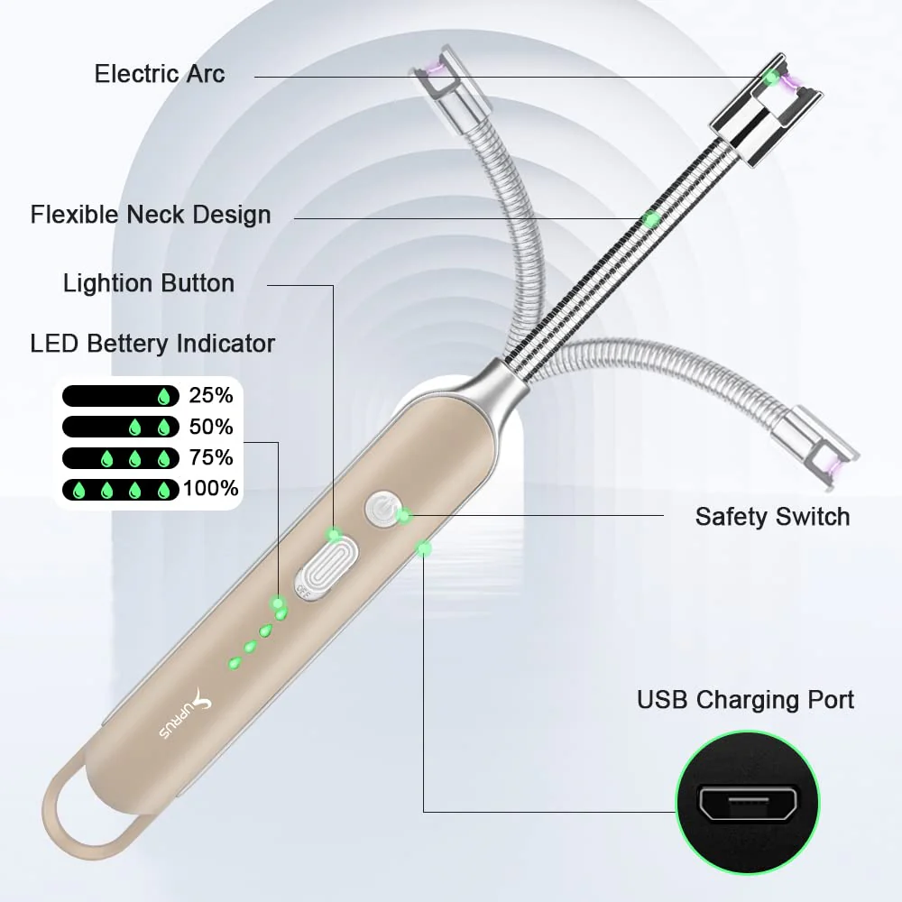 SUPRUS Electric Rechargeable Arc Lighter with LED Battery Display Long Flexible Neck USB Lighter for Candle Cooking (Gold, 3Packs) - Image 5