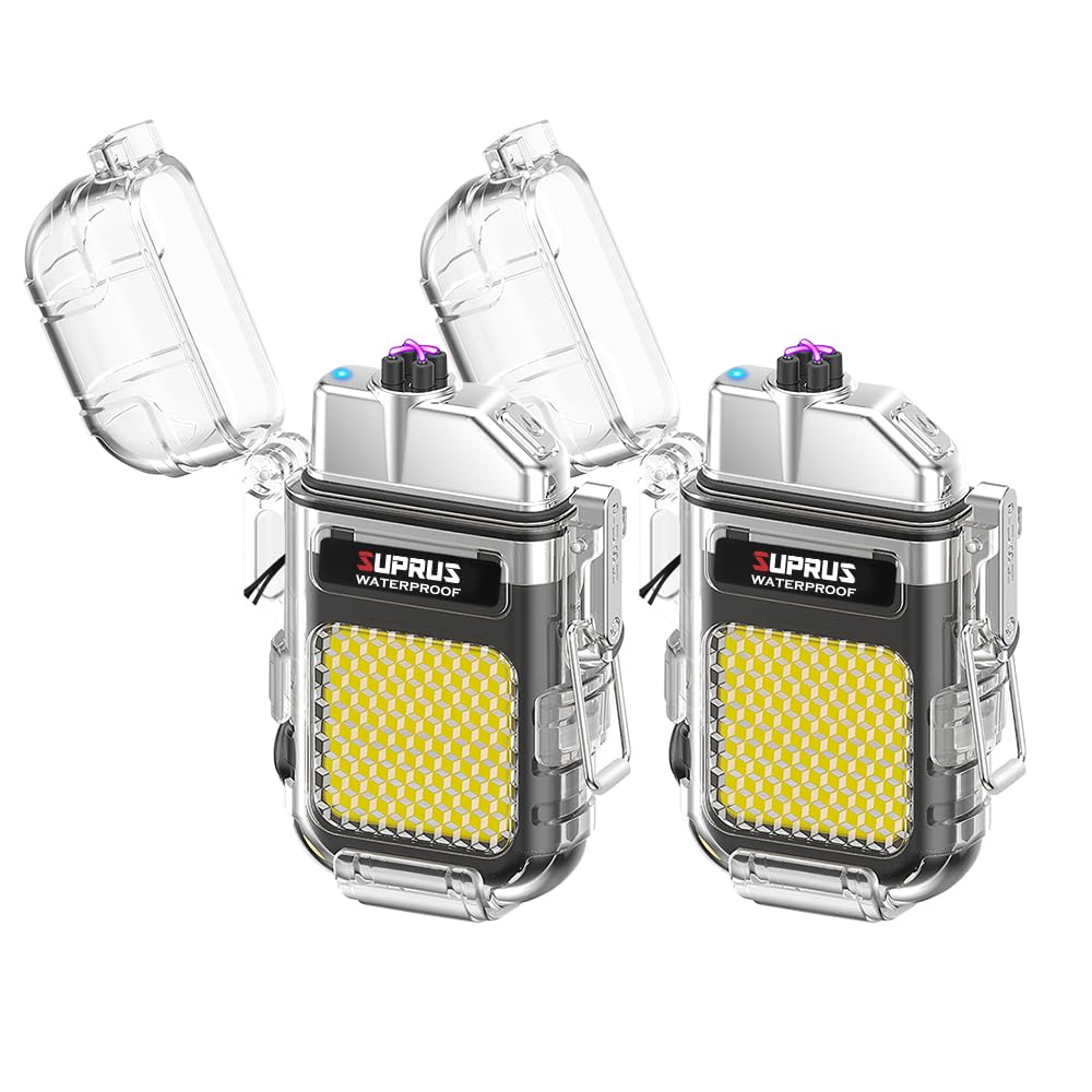 SUPRUS Waterproof 3 Modes of Flashlight Windproof Lighter Dual Arc Electric Rechargeable Dual Arc Plasma Lighter with Survival Emergency Whistle and Lanyard (Black, 2Packs)