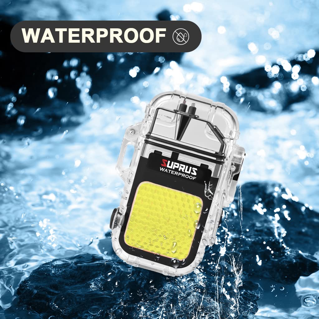 SUPRUS Waterproof 3 Modes of Flashlight Windproof Lighter Dual Arc Electric Rechargeable Dual Arc Plasma Lighter with Survival Emergency Whistle and Lanyard (Black, 2Packs) - Image 5